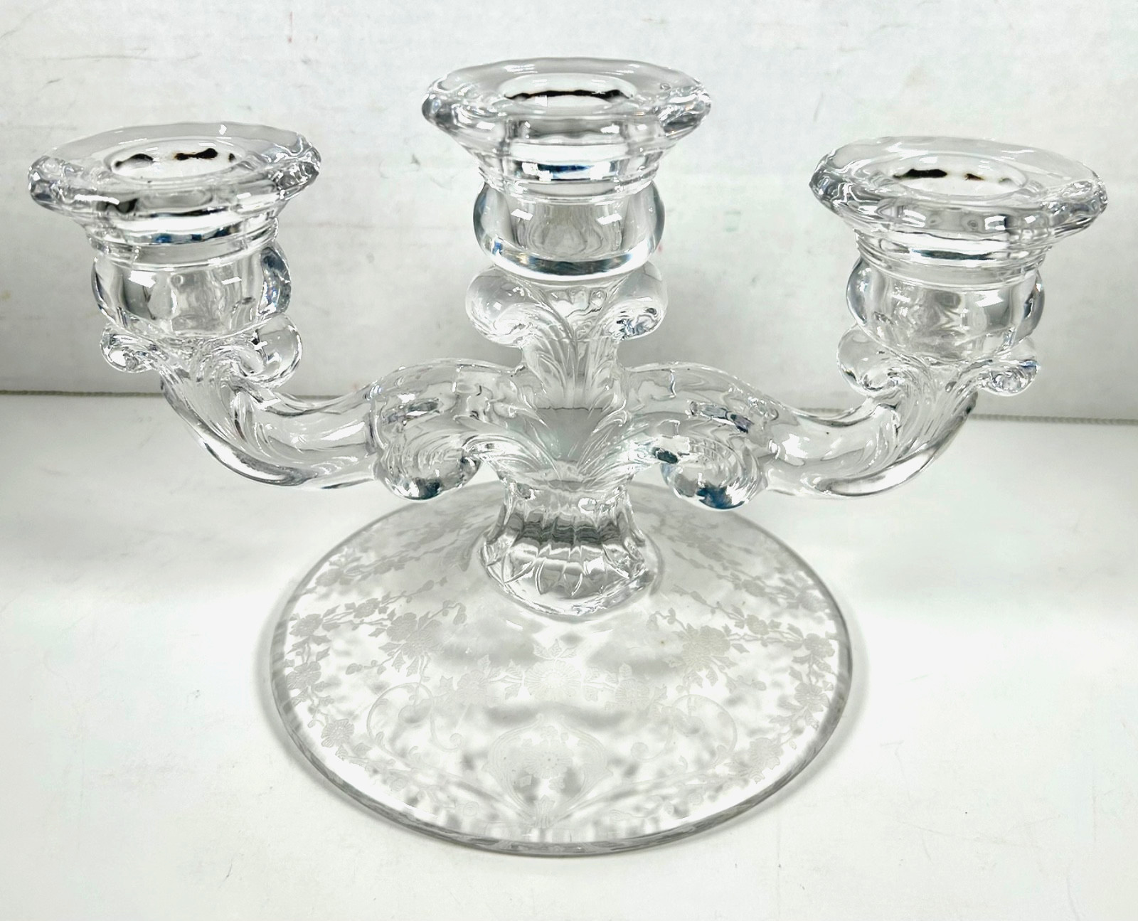 Cambridge DIANE ETCHED Glass Triple Light Taper Candle Holder Cande Stick