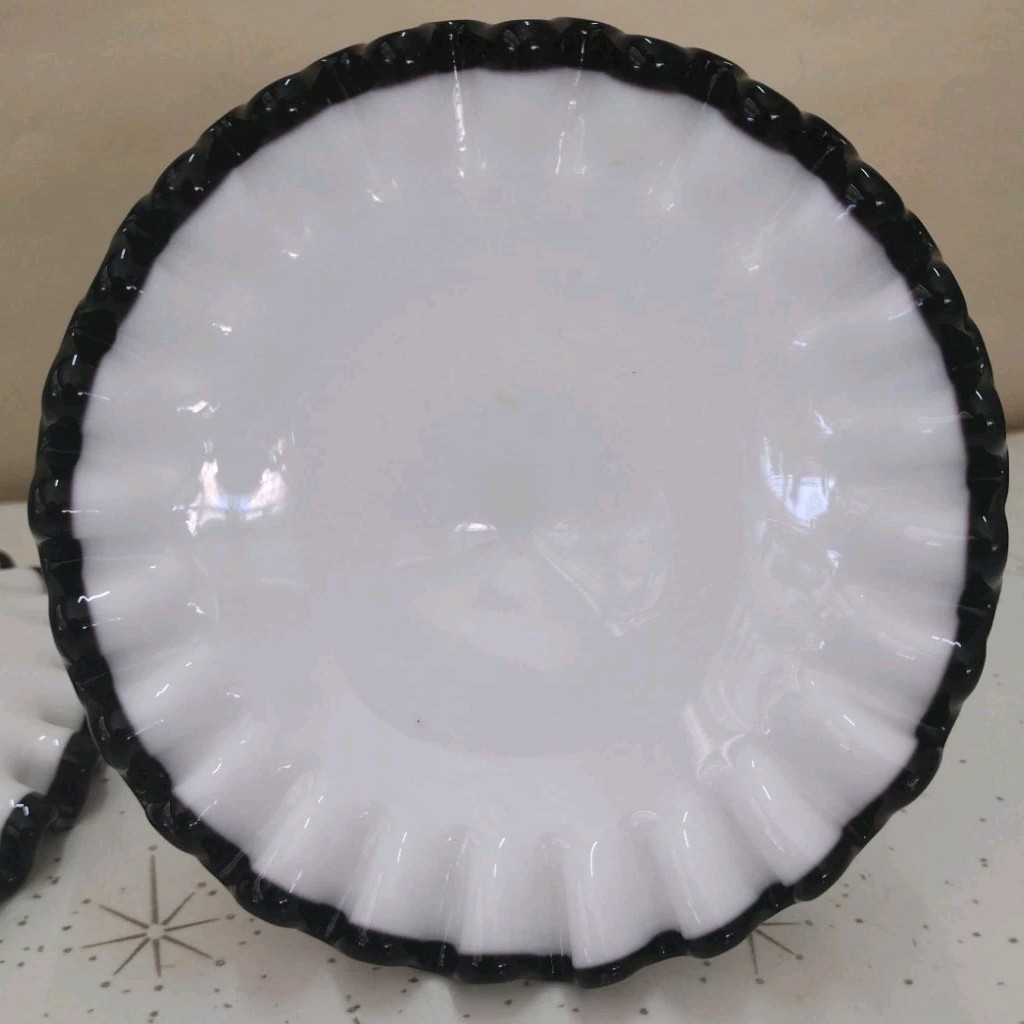HTF Pair Fenton Ebony Black Crest On White Candle Holders Perfect