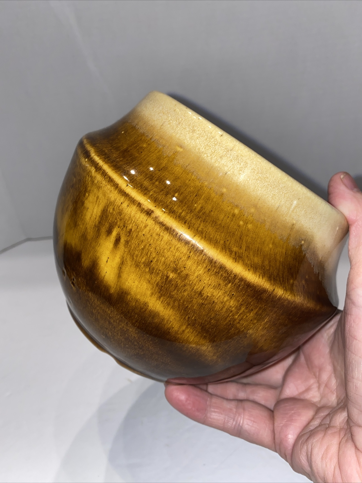 Vintage Pottery Brown Cream Vase Bowl Wide Shoulder Drip Glaze Marked 5 X6.5”