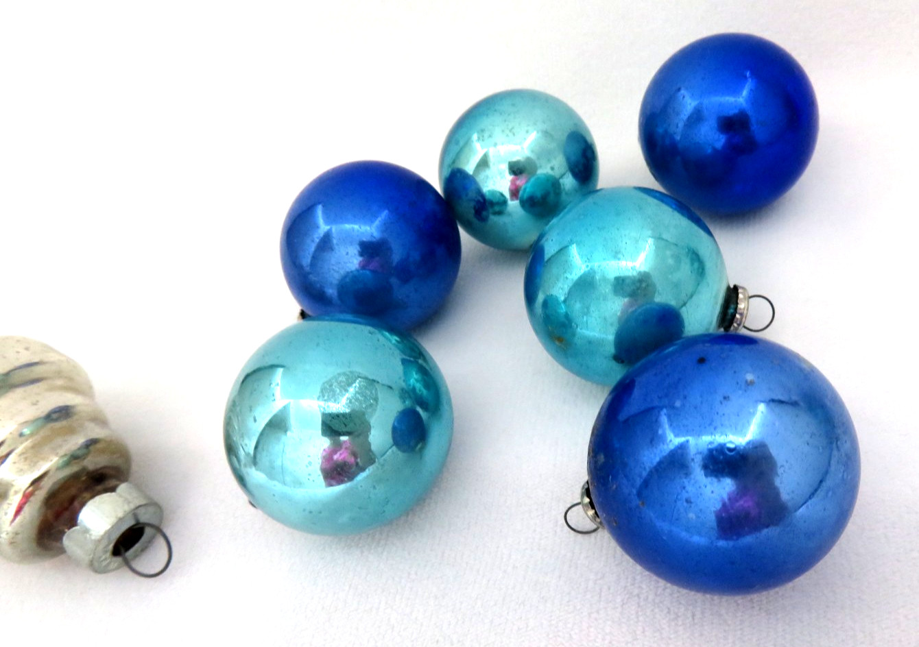 7 Piece Vintage Blue & Silver Mercury Glass Christmas Ornaments