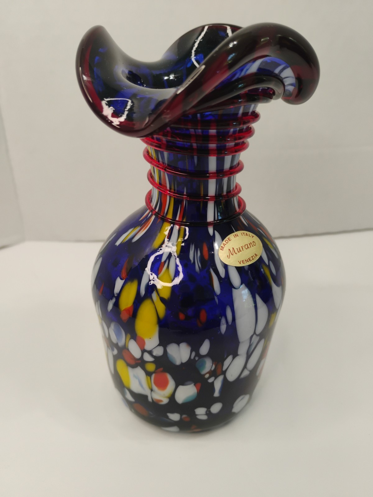 Vintage Murano Cobalt Blue Patchwork Glass Vase 6″ Ruffled Applied Red Trail MCM