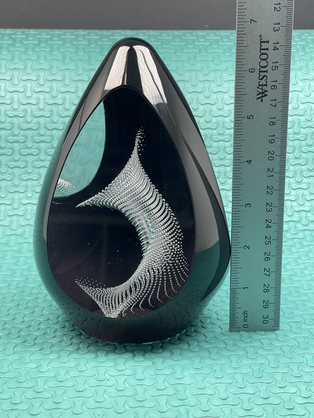 Controlled Bubble Art Glass 3D Paperweight Tear Drop Black Heavy Hand Blown
