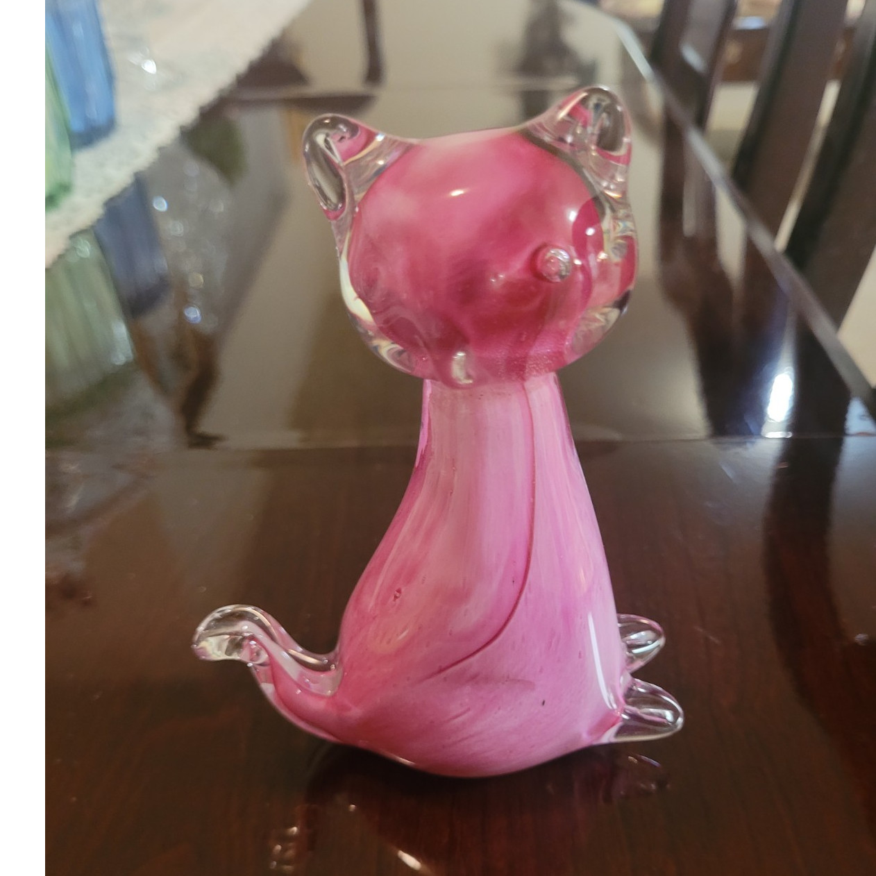 Vtg. Pink Clear Art Glass Murano Style Cat Figurine 6 in Decorative Collectible