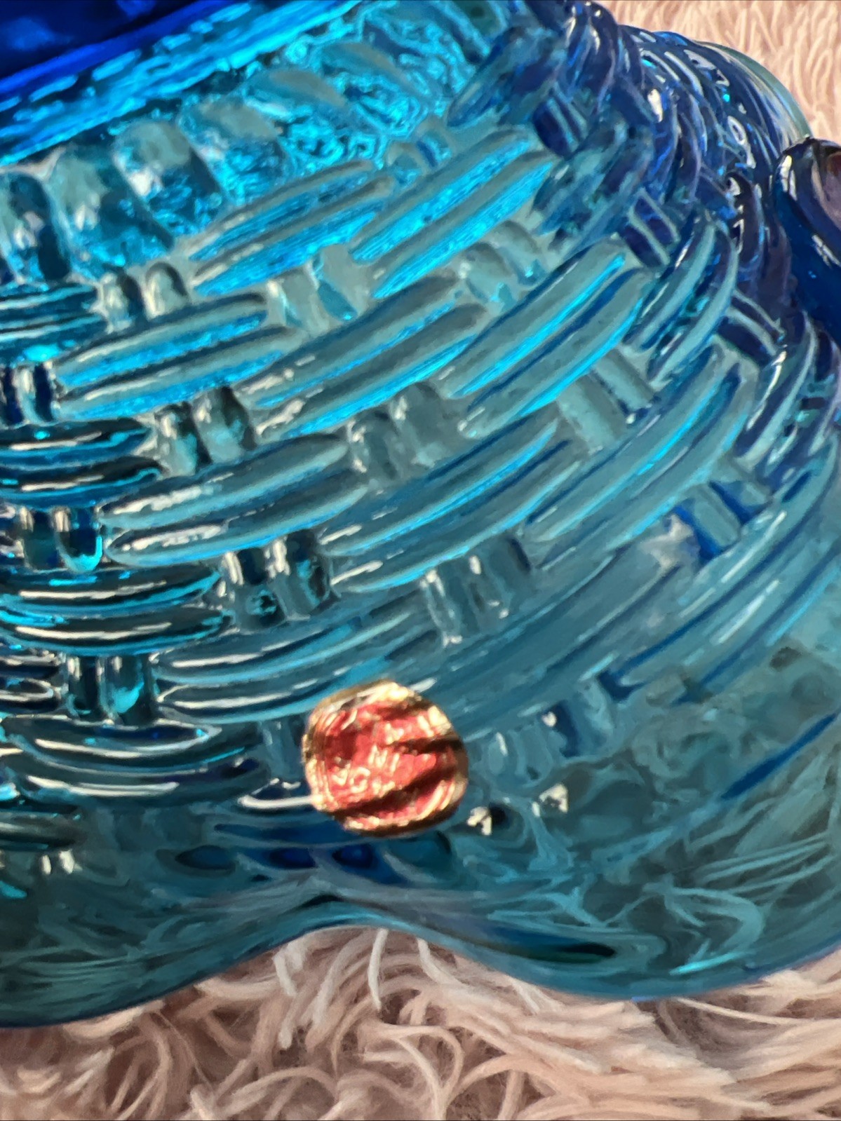 Vintage Blue Art Glass Ruffled Basket Bowl w/ Square & Knob Pattern Candy Dish