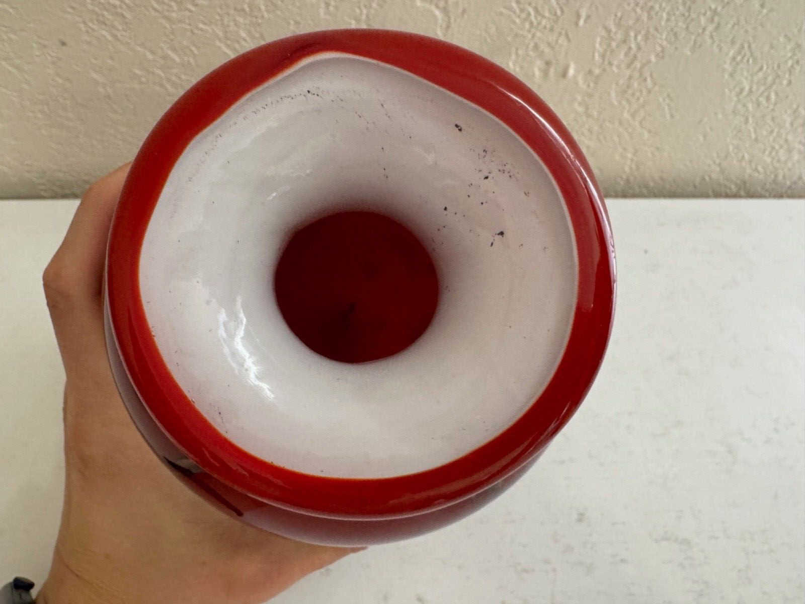 Blown Art Glass Red Vase w/ Gold / Copper Speckles