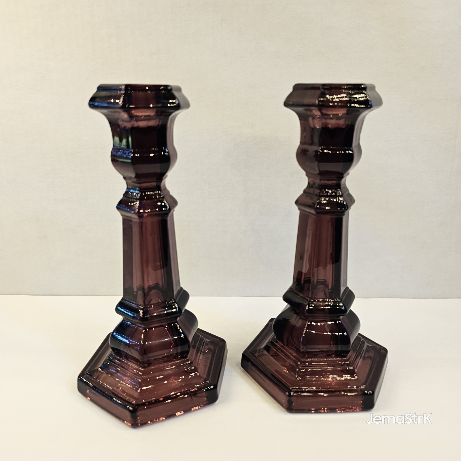 VTG 7.5″ Amethyst Glass Candlestick Pair Purple Hexagonal Metropolitan MUSEUM