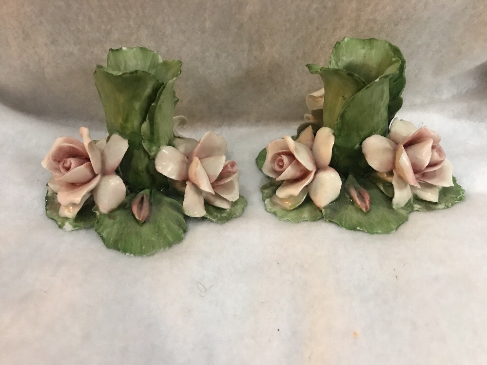 Vintage Capodimonte Italy Hand Made Cream Pink Flowers Candle Holder