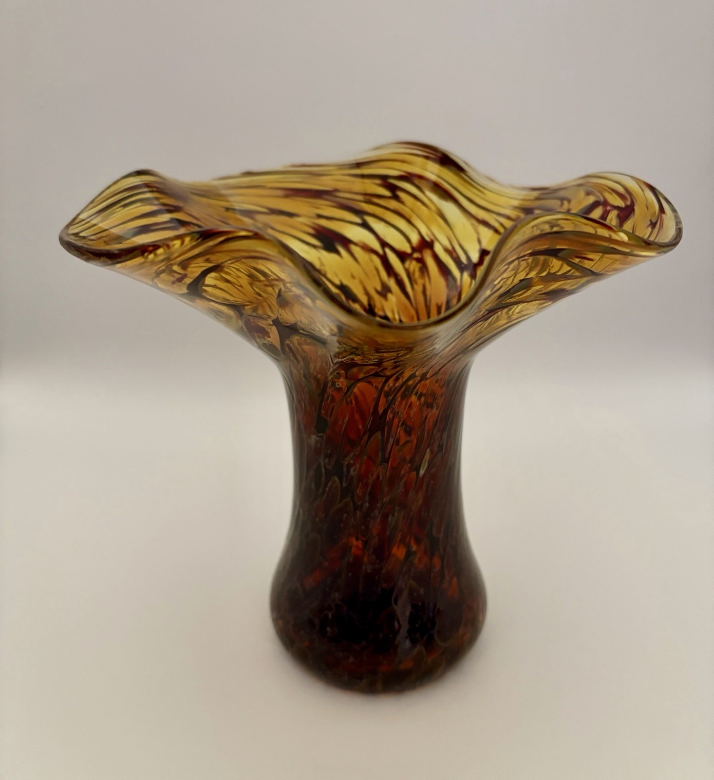 Hand Blown Feathered Art Glass Sculpture Vase Amber Brown Ruffled Art