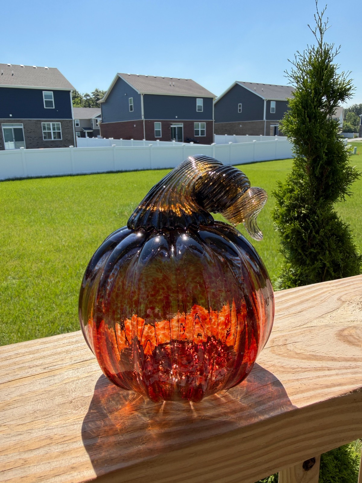 Hand Blown Glass Pumpkin Amber Orange Brown Art Glass Fall Halloween Decor OOAK