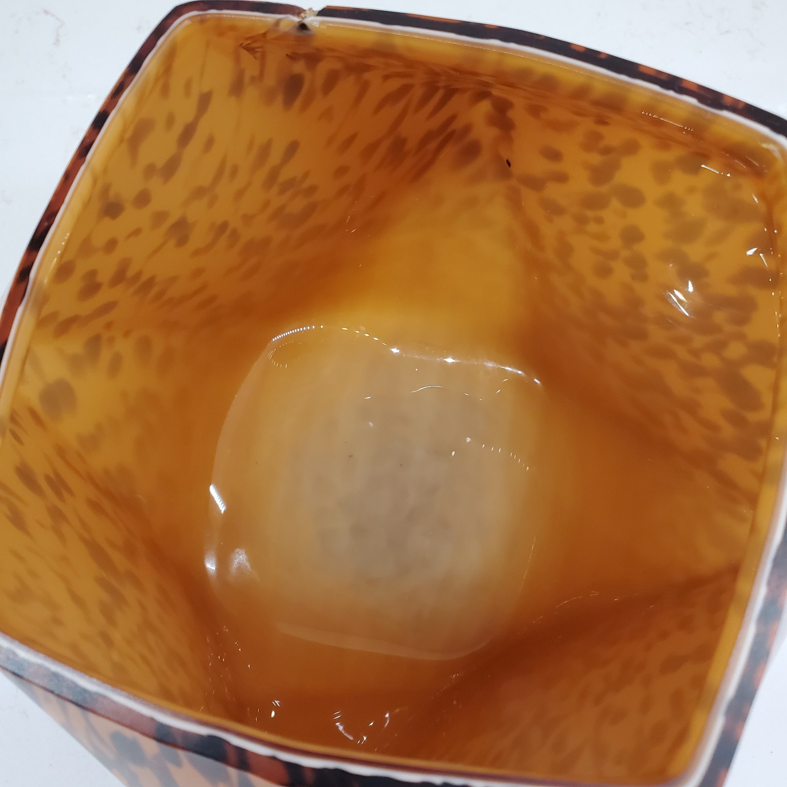 Vintage Leopard Speckled Polyhedral Glass Vase Mouthblown Handmade FLAW 5″x5″