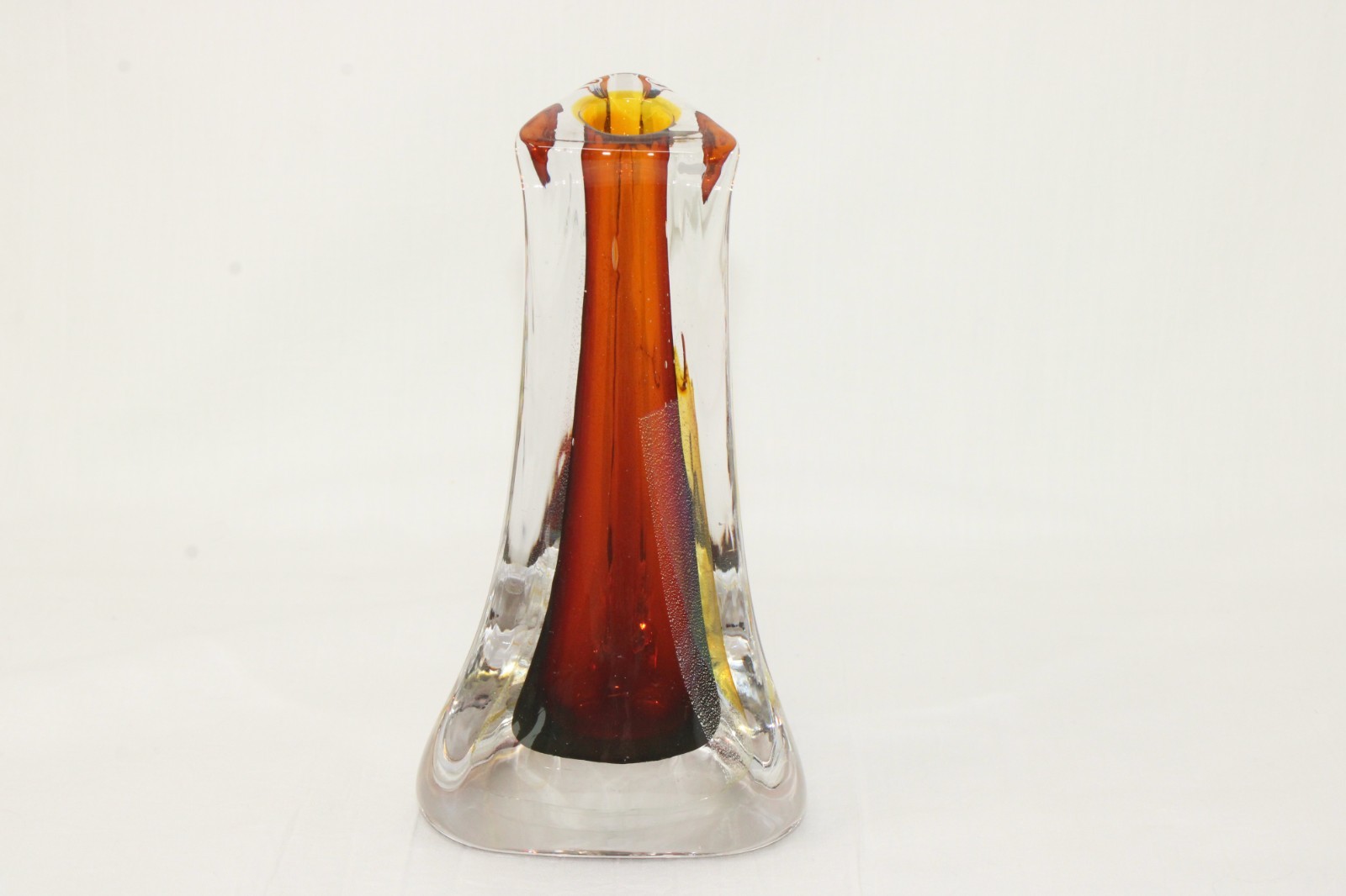 2000 LABRIE Handcrafted Clear Cased Amber Art Glass Vase SIGNED, 6.5″ Tall EUC