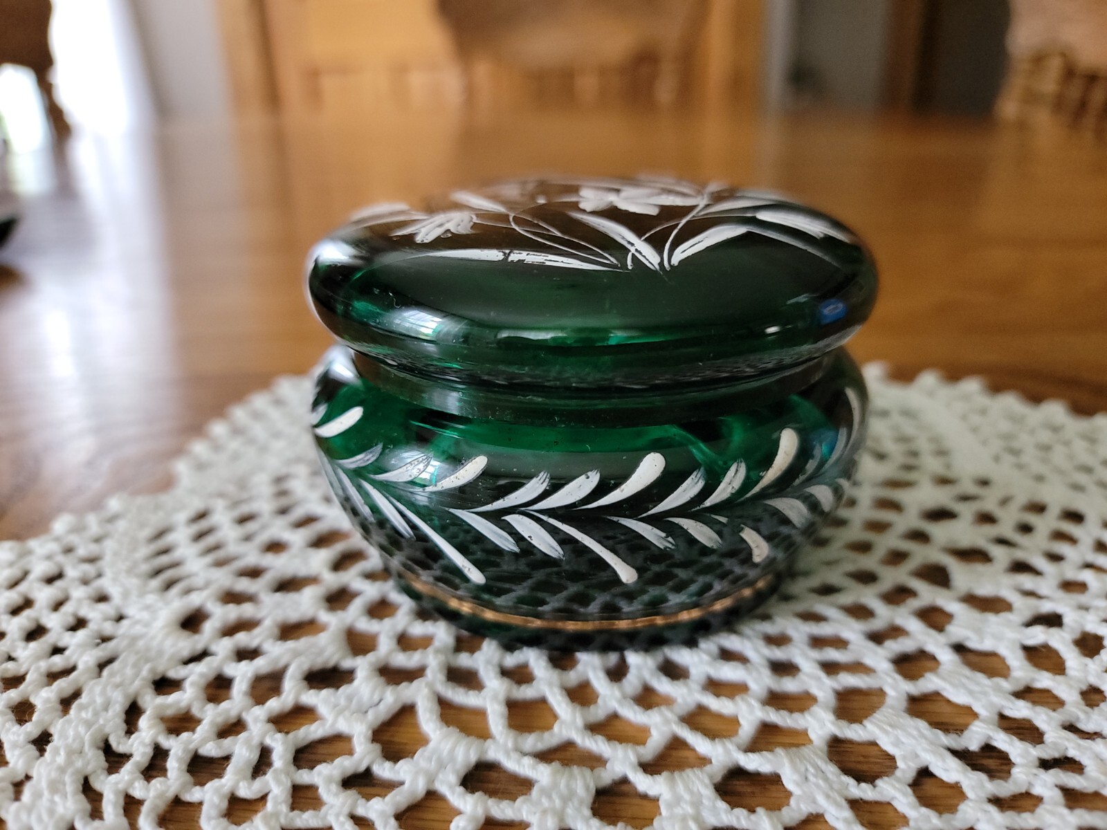 Antique Enameled Jasmine Flower Bohemian Green Glass Lidded Powder Trinket Box