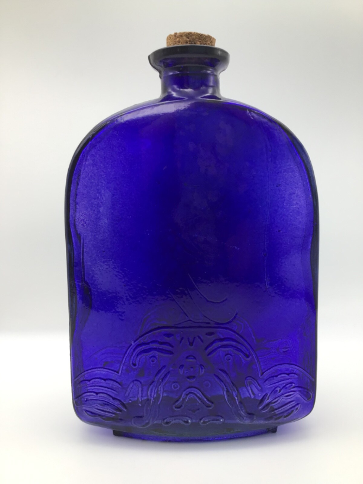 Cobalt Blue Glass Embossed European Bottle Floral/Art Motif 8.5 inches