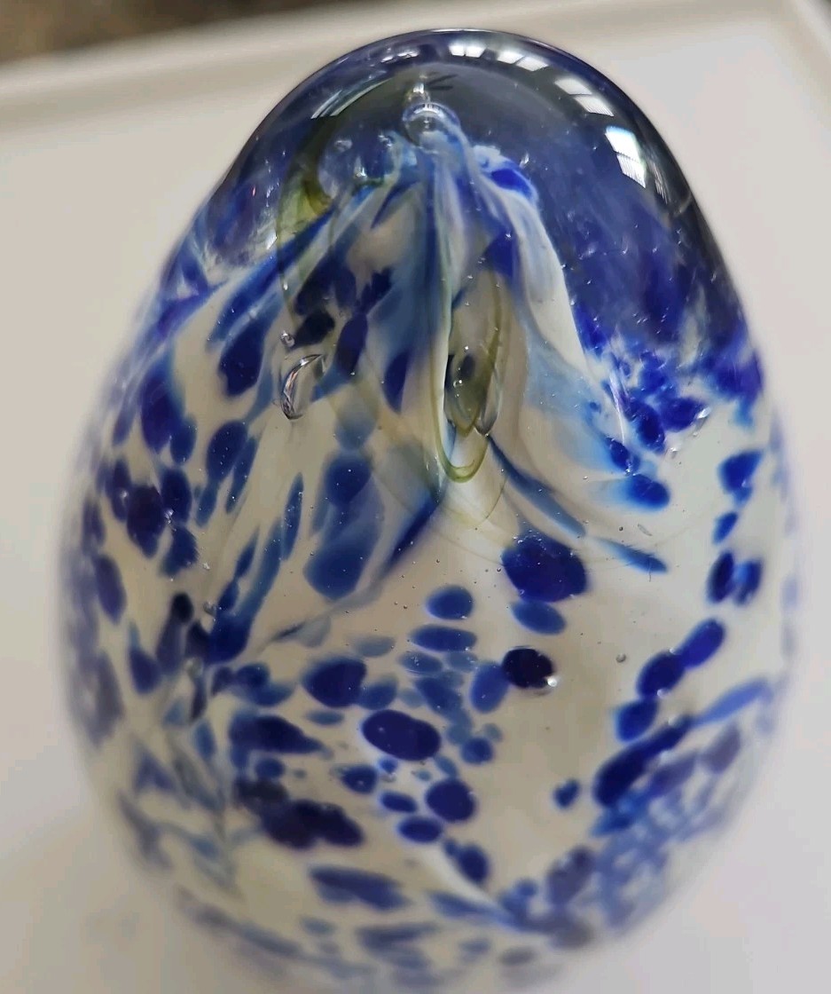 Hand Blown Art Glass Paperweight 7 ” Egg Shape Blue White Murano Style 5lb EUC