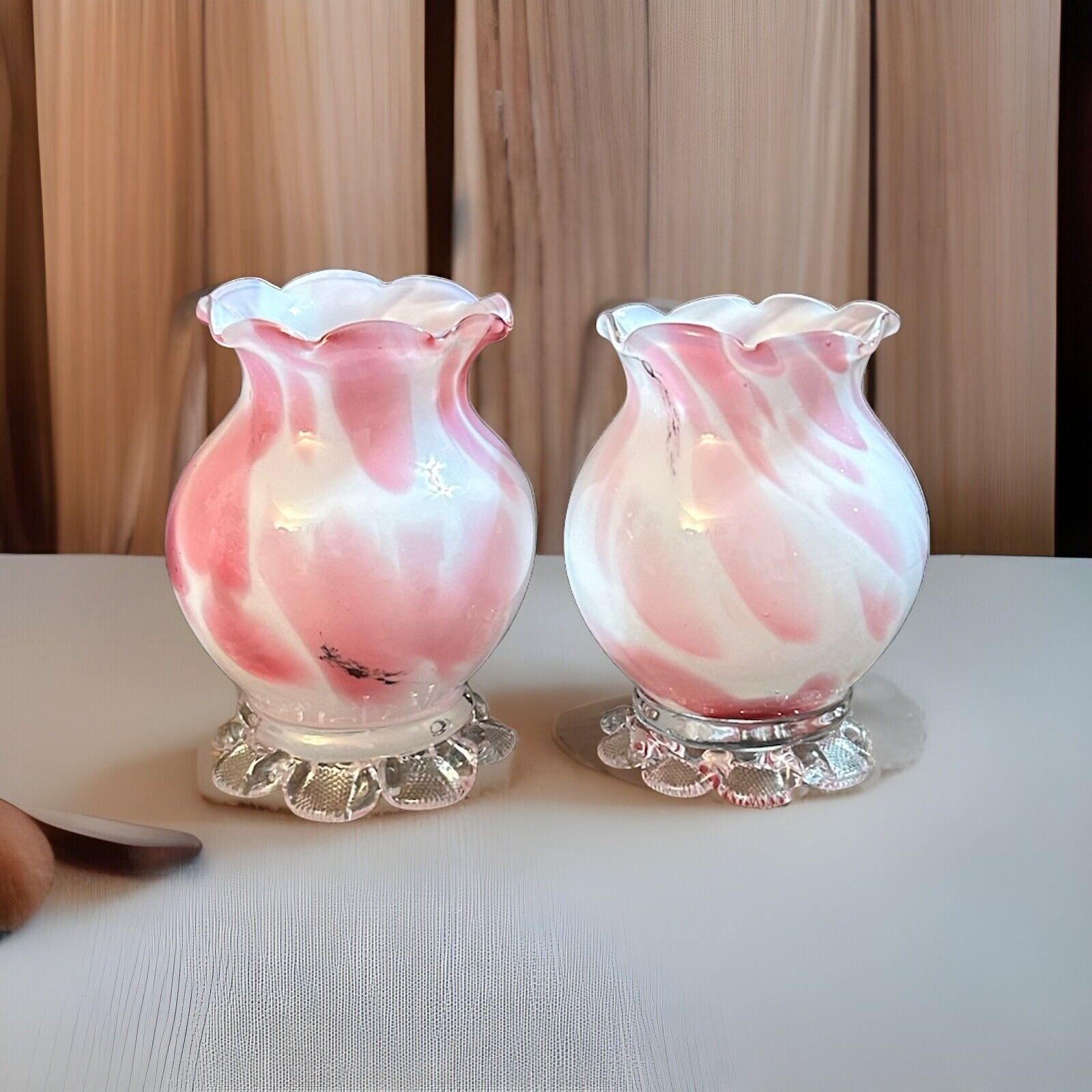 Vtg Hand Blown Pink Swirl White Glass Footed Vase Decor Fluted 4.5” T x 3.5” Dia