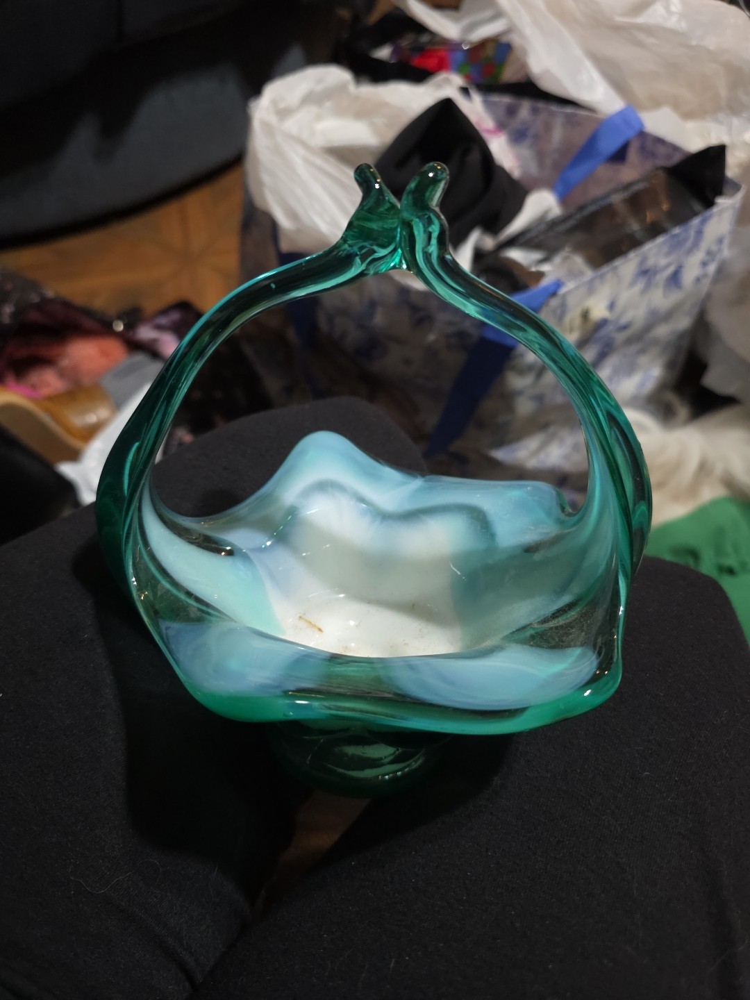 Vintage Hand Blown Murano Art Glass Stretch Basket Blue And White Cased Glass