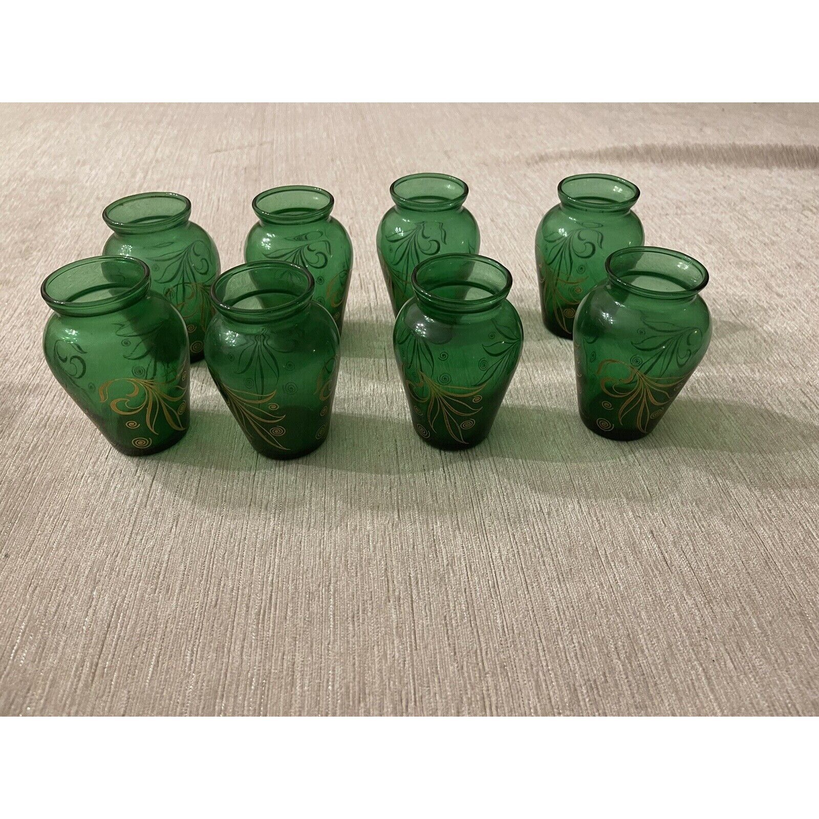ANCHOR HOCKING Vases Forest Dark Green Glass Gold Leaves 8 Original Boxes