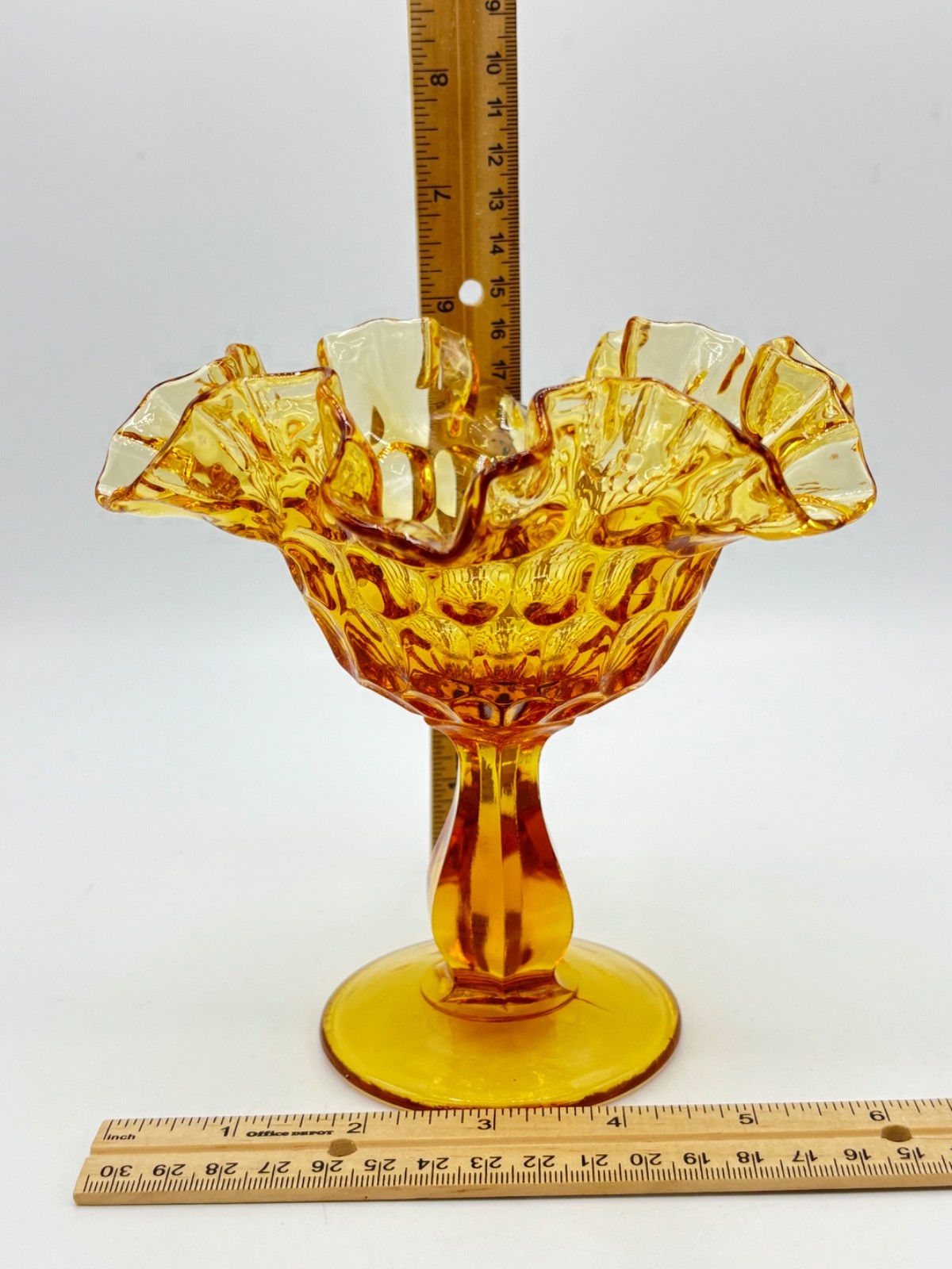 Vintage Fenton Glass Colonial Amber Thumbprint Ruffled Candy Compote Dish 6″