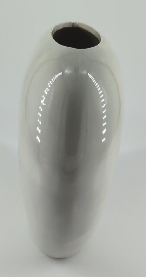 Art Pottery Flat Oval Vase White With Pink Flowers 8.75″ Tall Signed Vintage