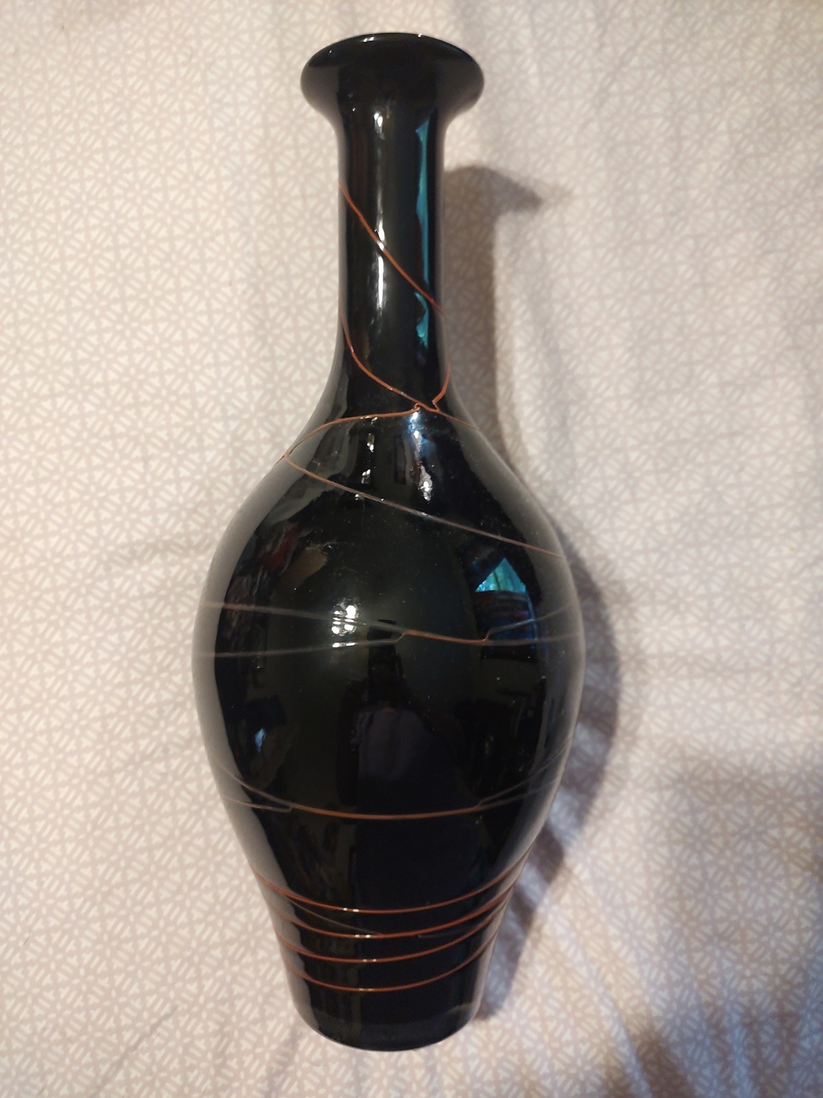 Vintage Mid-Century Modern Blown Glass Black Ebony Vase With Red Threading 15″
