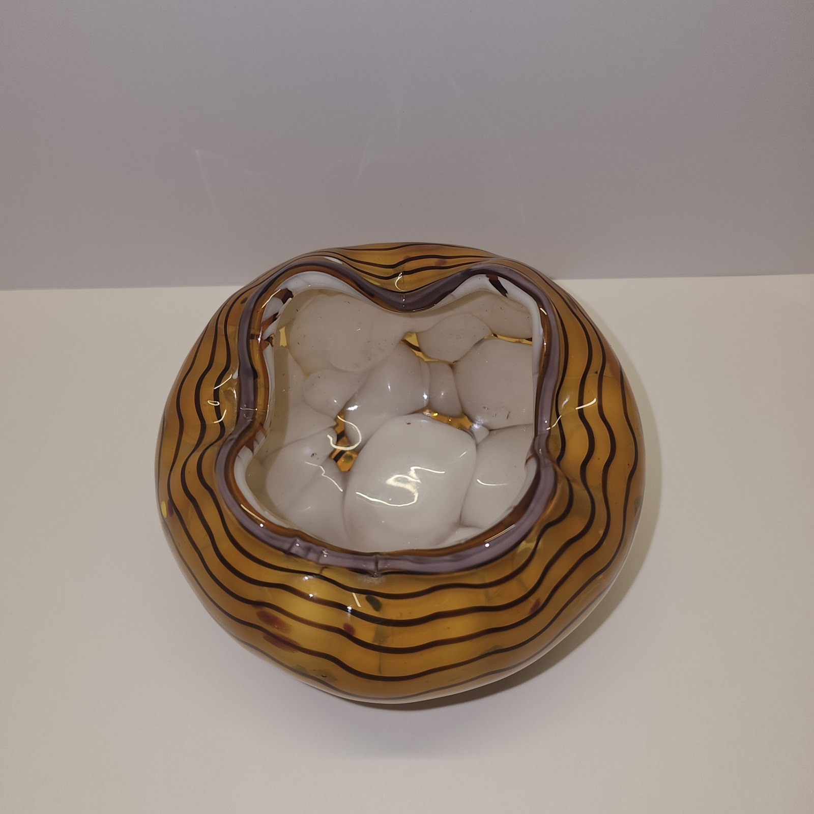 Viz Genuine Hand Blown Art Glass Vase W/ Ruffled Wavy Rim Orange Amber Abstract