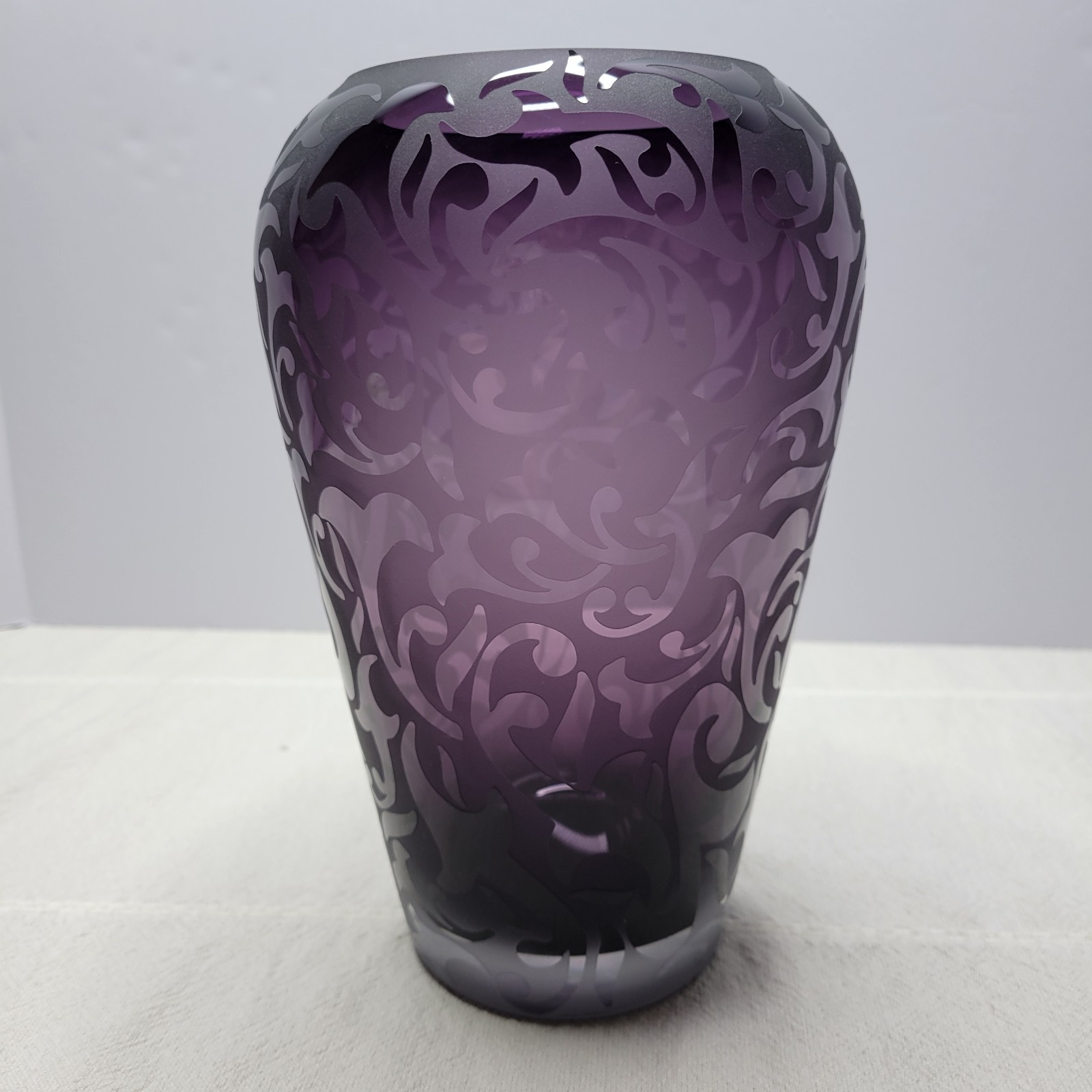 2004 Signed Michael Weems Vase Acid Etched Amethyst Purple Elise 9″ Scrolls