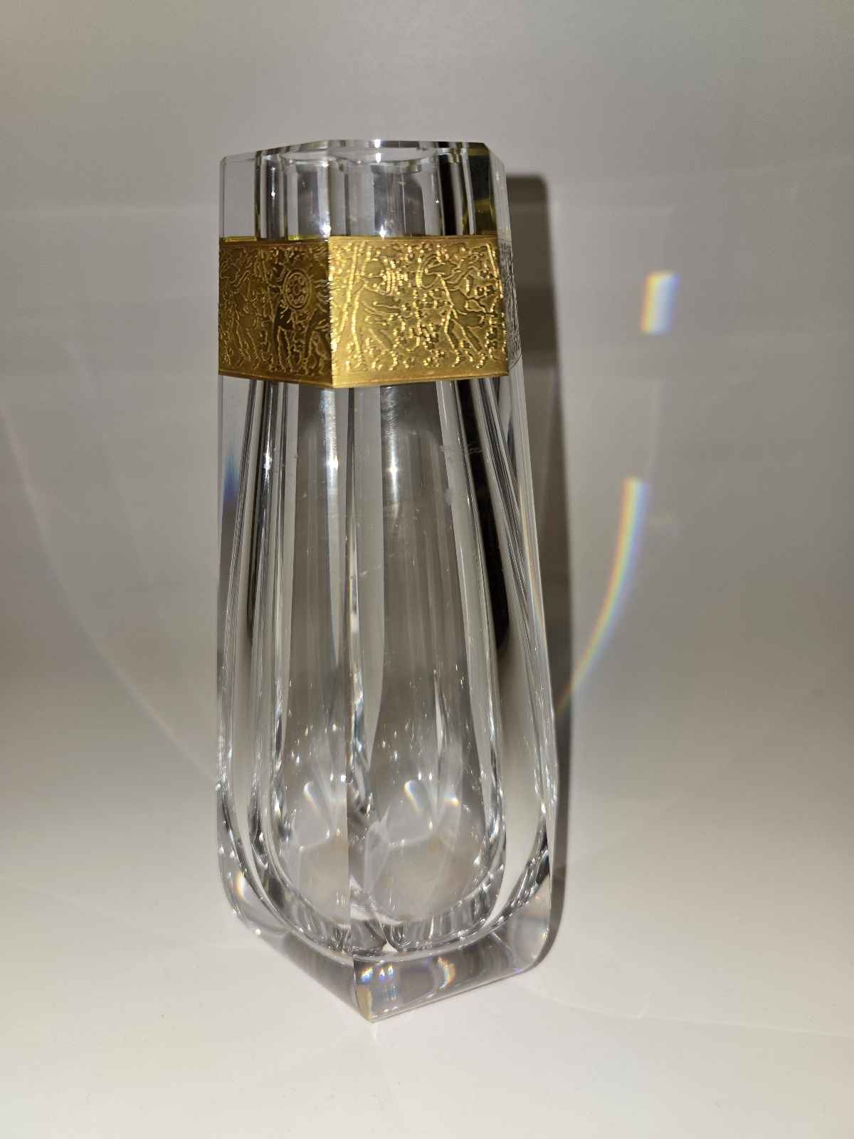 Vintage MINT Moser Crystal Unity Vase Gold Frieze Warriors Czech Glass