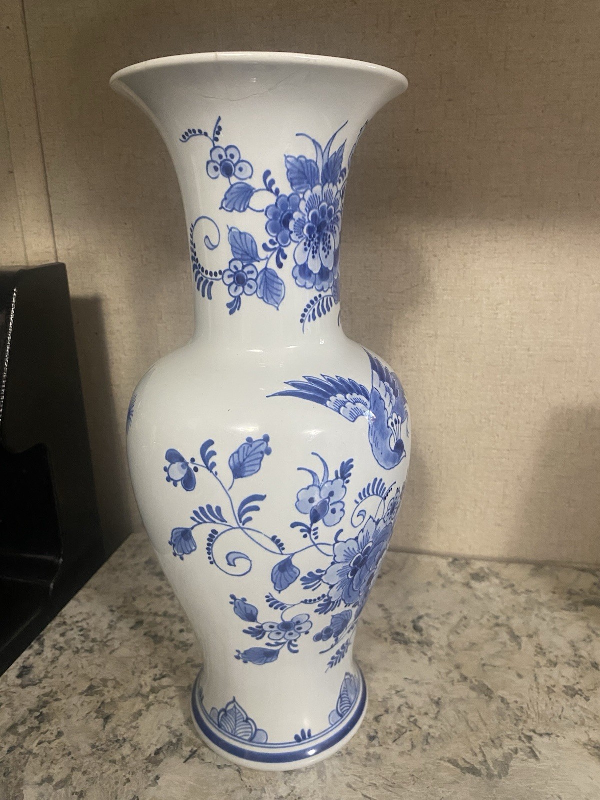 Delft Vase Signed 13” with Sticker Blue and White Floral Design & Bird