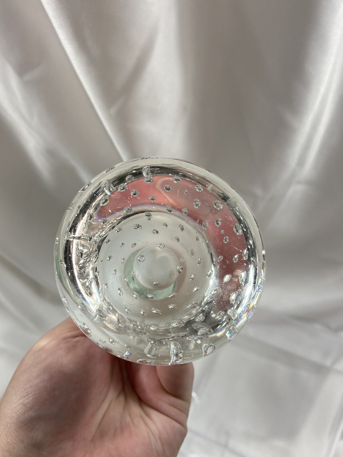 Vintage White Clear Art Glass Bud Vase Controlled Bubbles Base