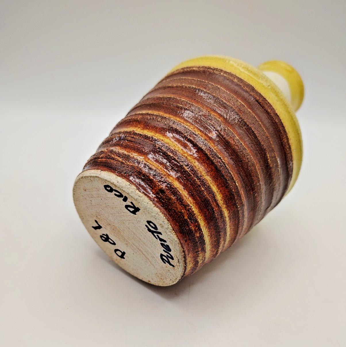 Studio Pottery Glazed Signed P&L Puerto Rico Rib Brown Yellow White Vase