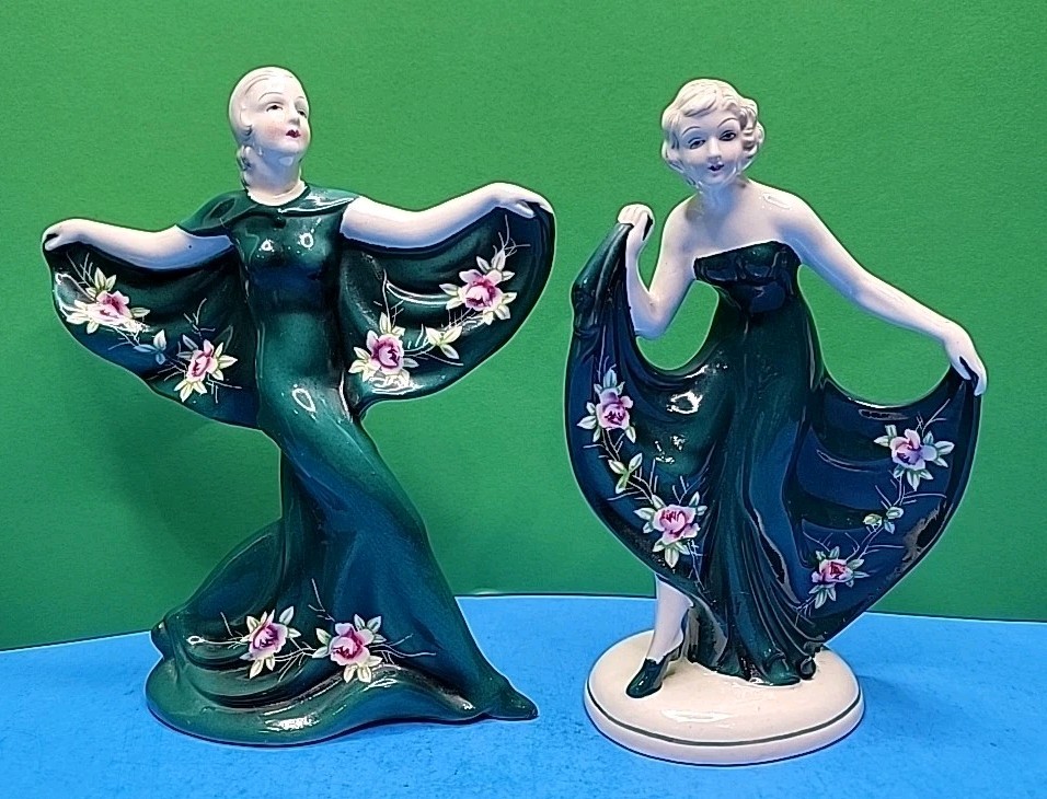 2 – 1930’s Porcelain Dancing Ladies In Floral Green Dress – Made In Japan
