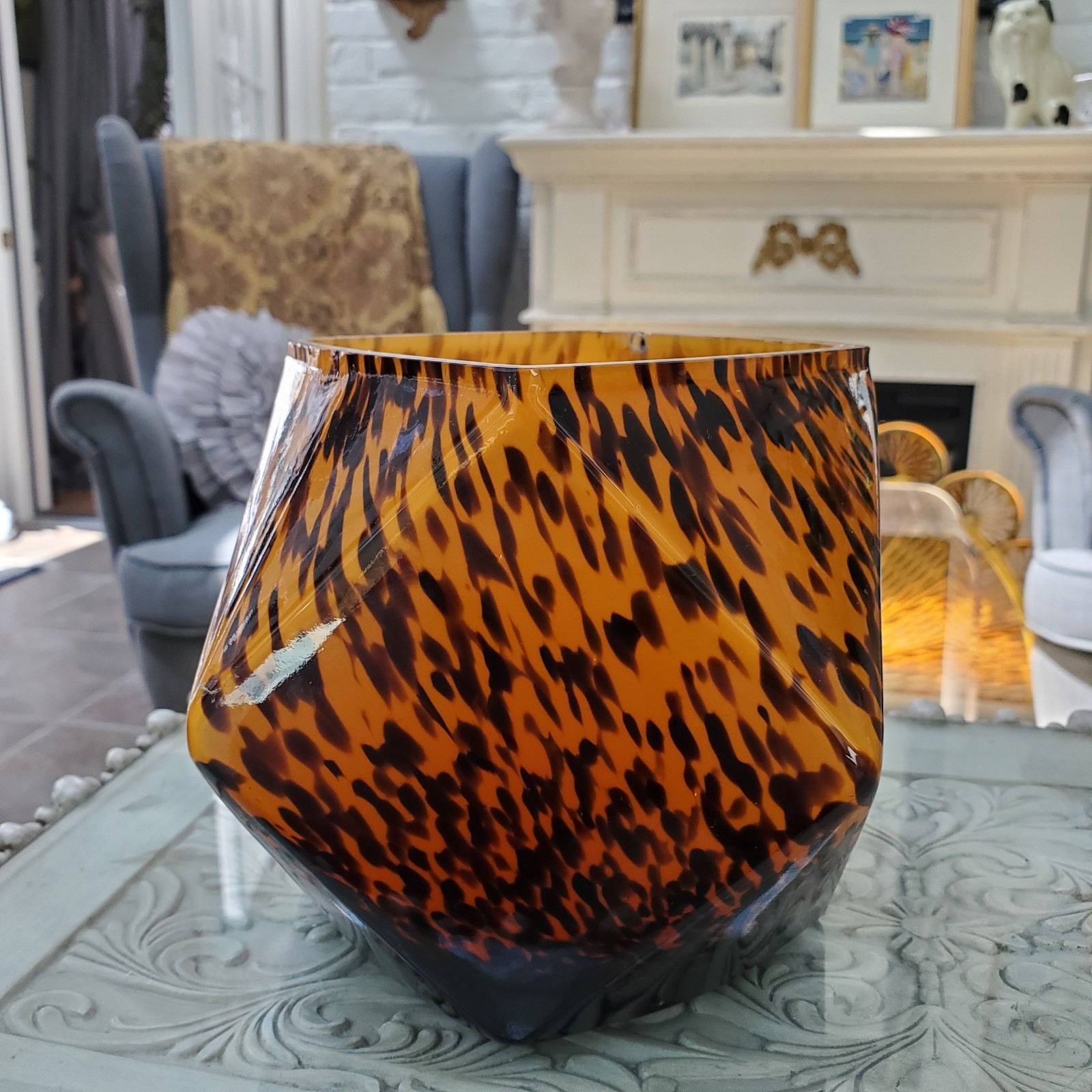 Vintage Leopard Speckled Polyhedral Glass Vase Mouthblown Handmade FLAW 5″x5″