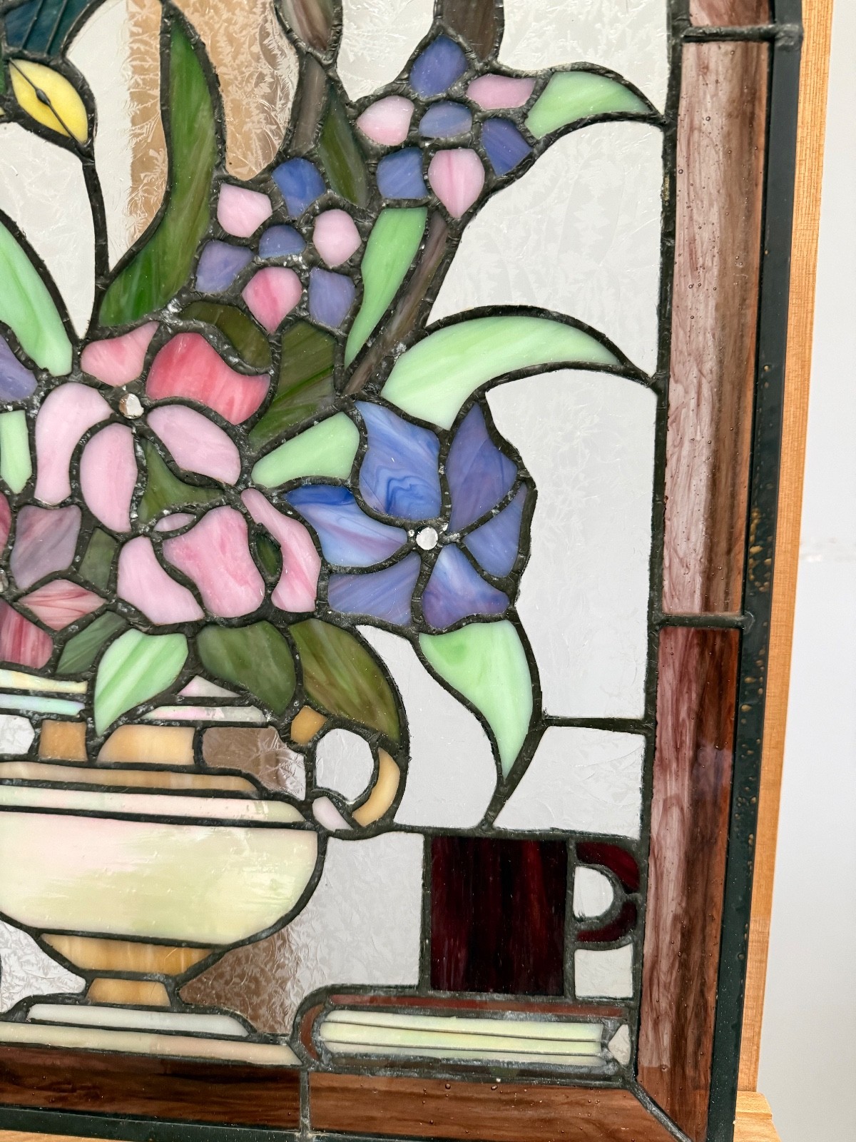 Dale Tiffany Stained Glass Floral-Fruit-Vase-Hummingbird Window Panel 23”x18”