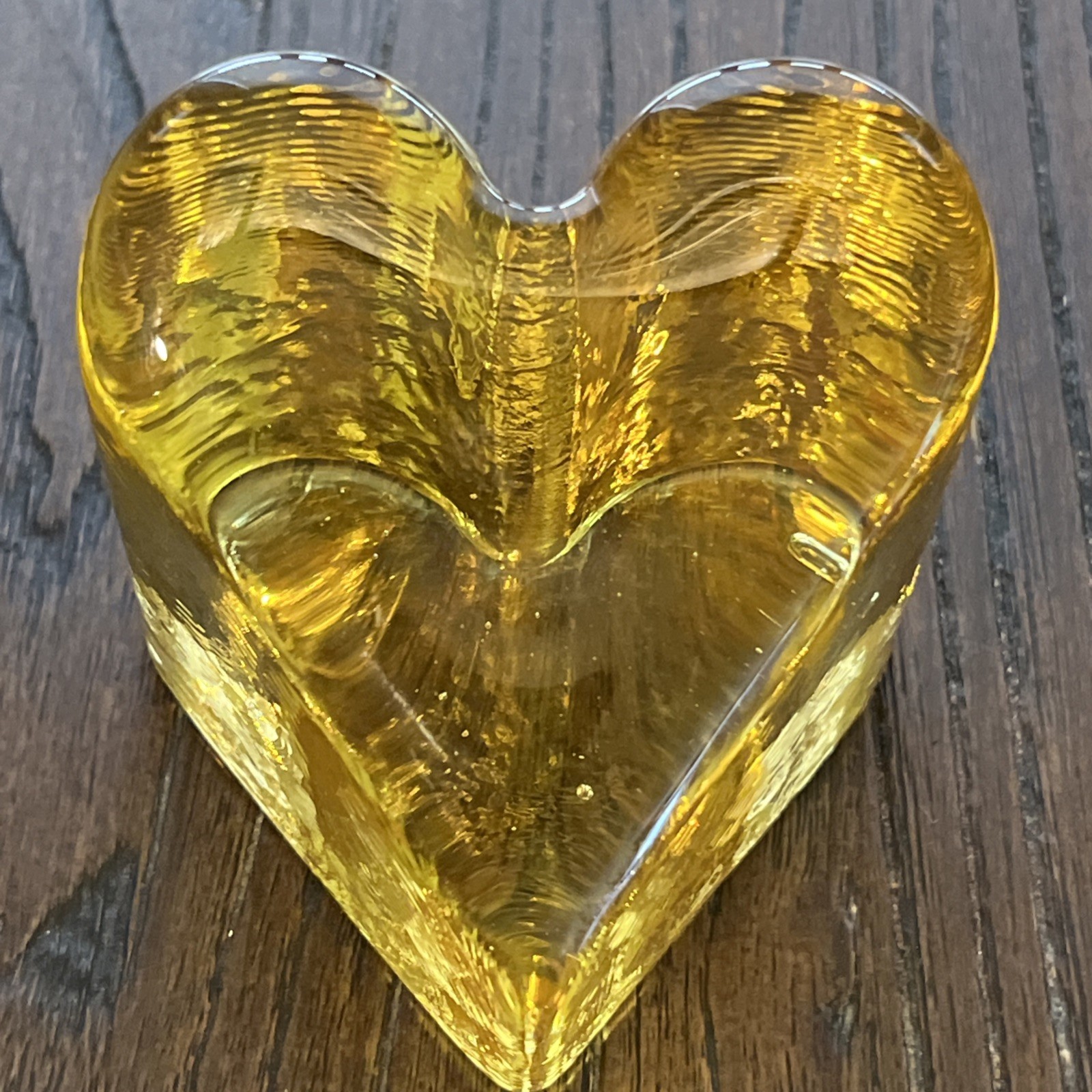Fire & Light Recycled Glass Signed Citrus Yellow Heart Paperweight Art 2.5″