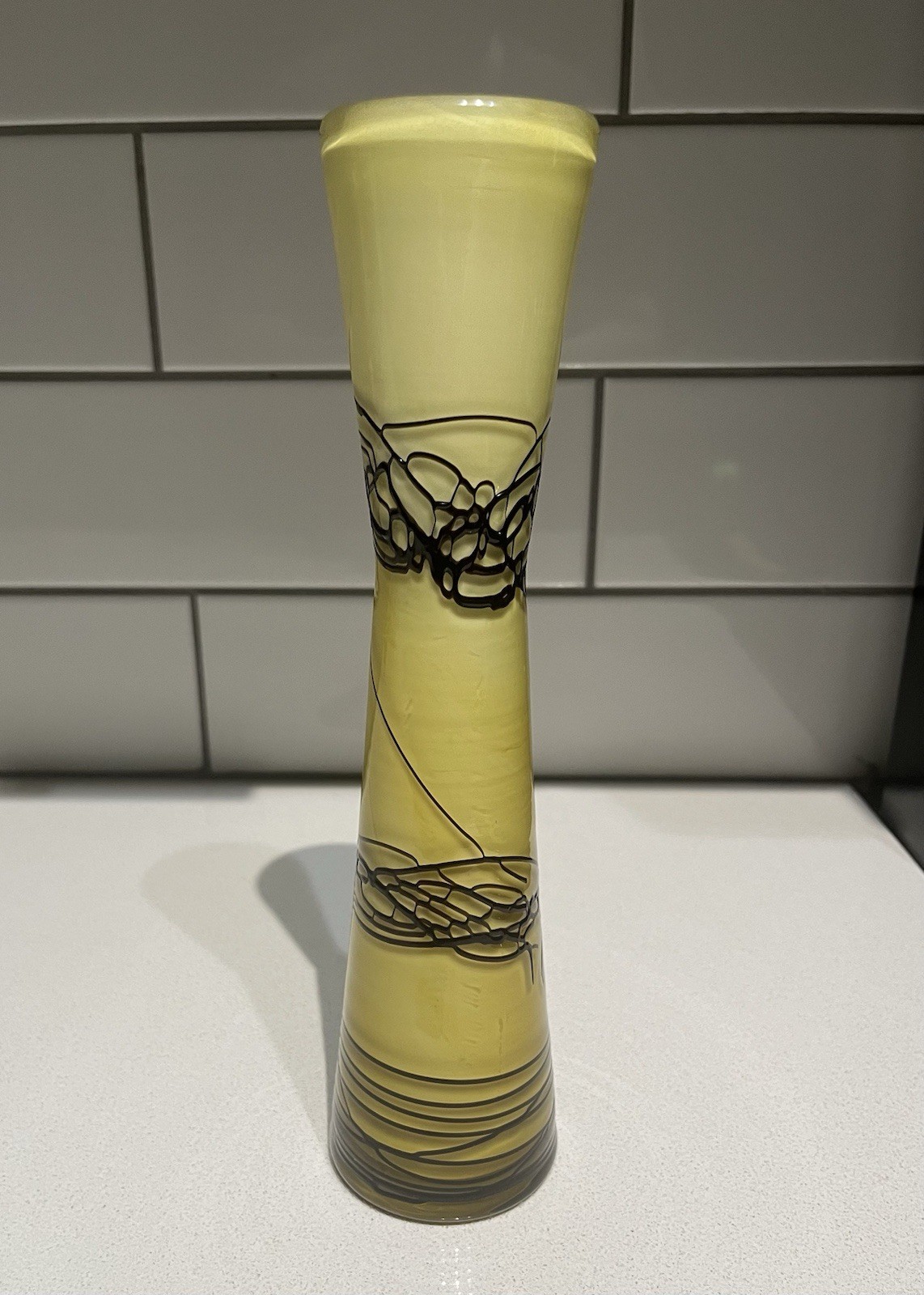 Arte Murano Style Yellow Cased White Art Nouveau Glass Vase Brown Threads