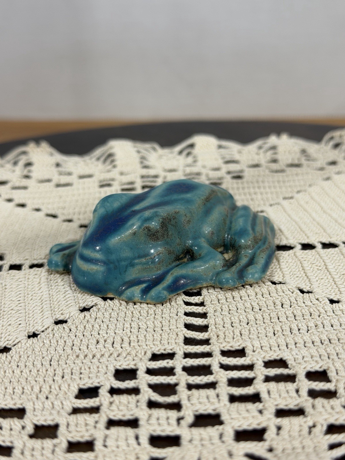 Pewabic Detroit Pottery Mottled Green Blue Frog Figurine Paperweight, Excellent