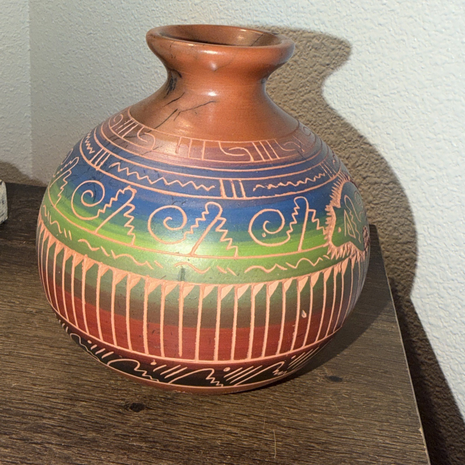 Nancy Jo Benally Signed Navajo Horsehair Pottery Vase, Etched Porcupine, Rainbow