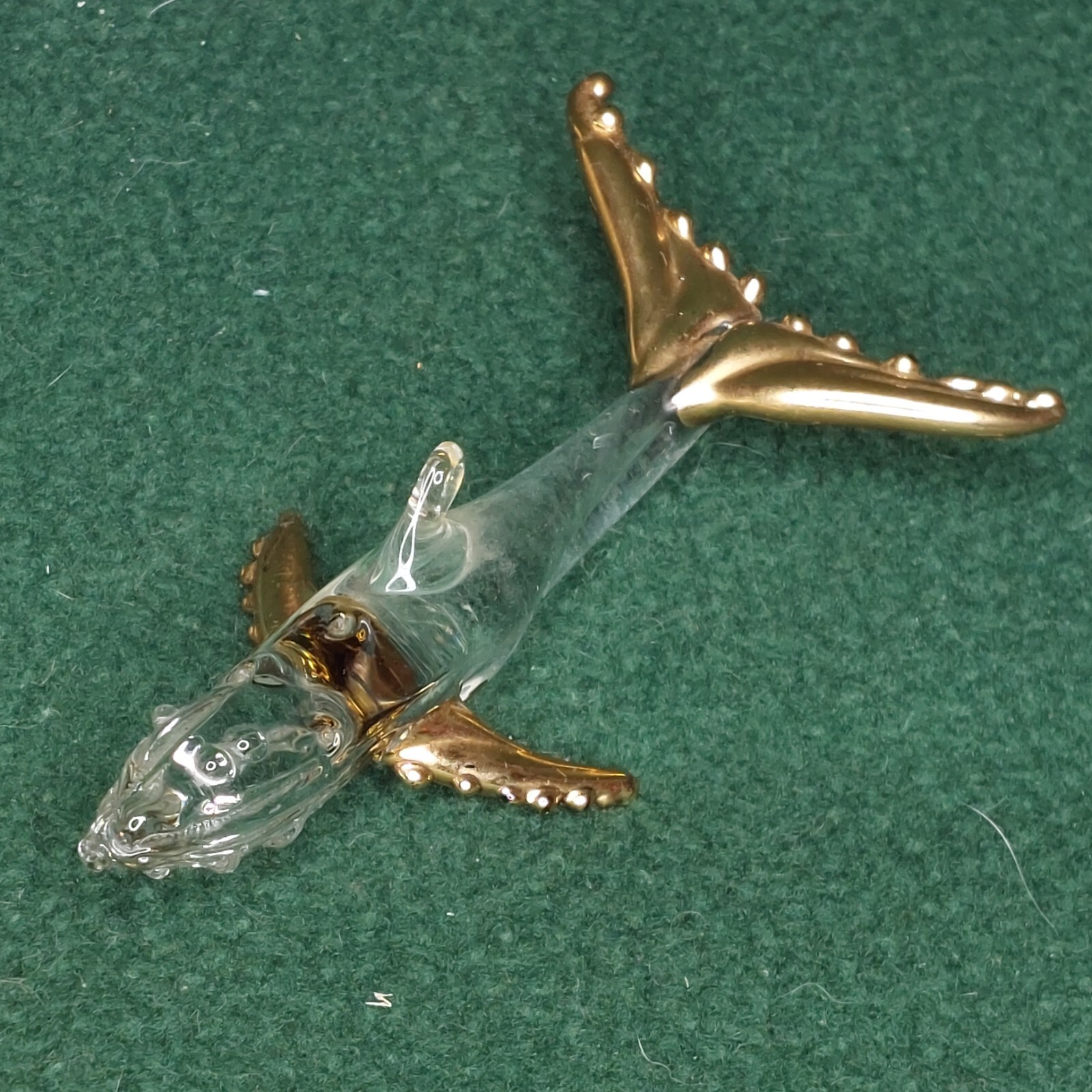 Vintage Glass Whale Figurine 4 inches long Clear with gold tail and flippers