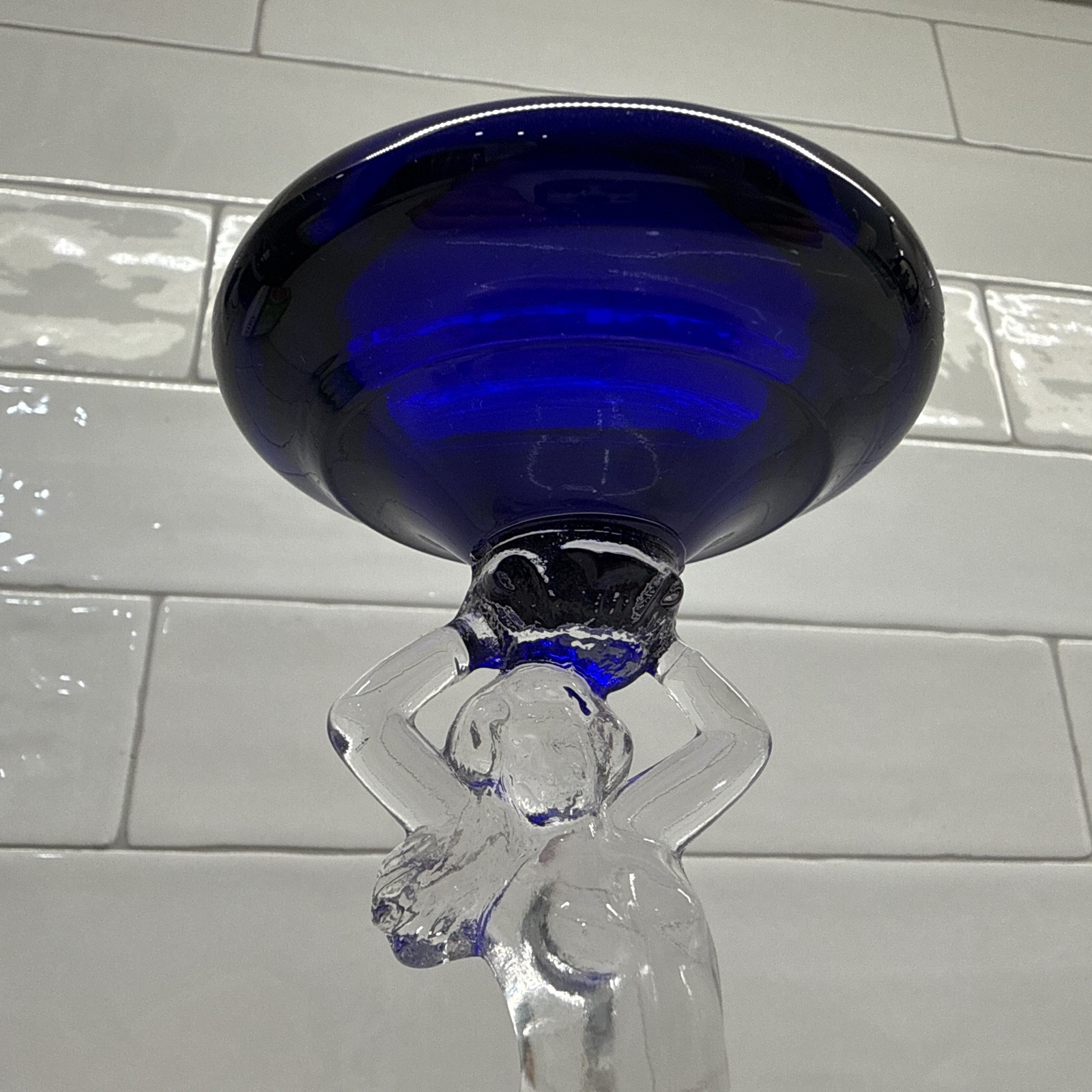 Vintage Cambridge Glass 3011 Statuesque Nude Figural Ashtray Compote Royal Blue
