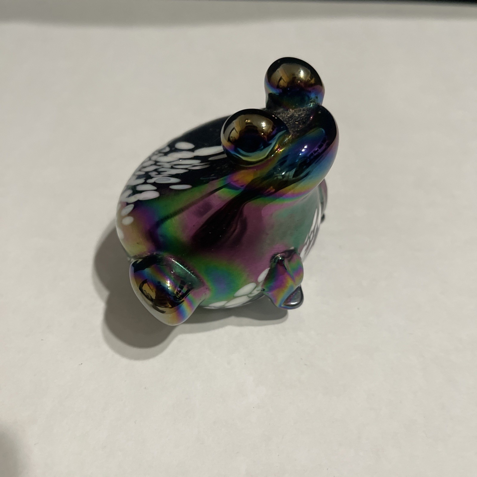 Art Glass Figural Frog – Purple Iridescent Carnival Glass With White Spots
