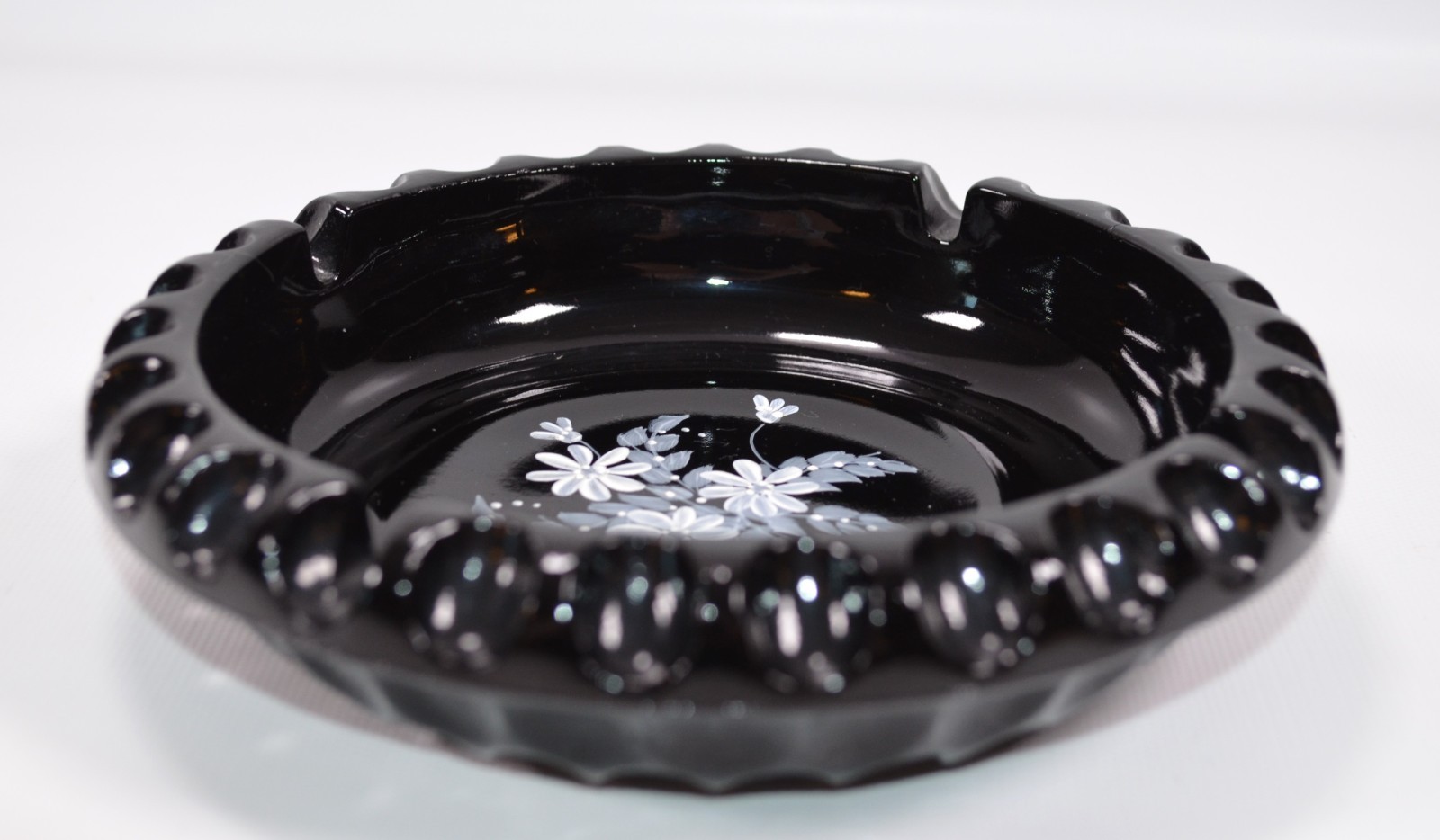 Vintage Fenton Art Glass Black Ebony Ashtray Hand Painted White Flowers Signed