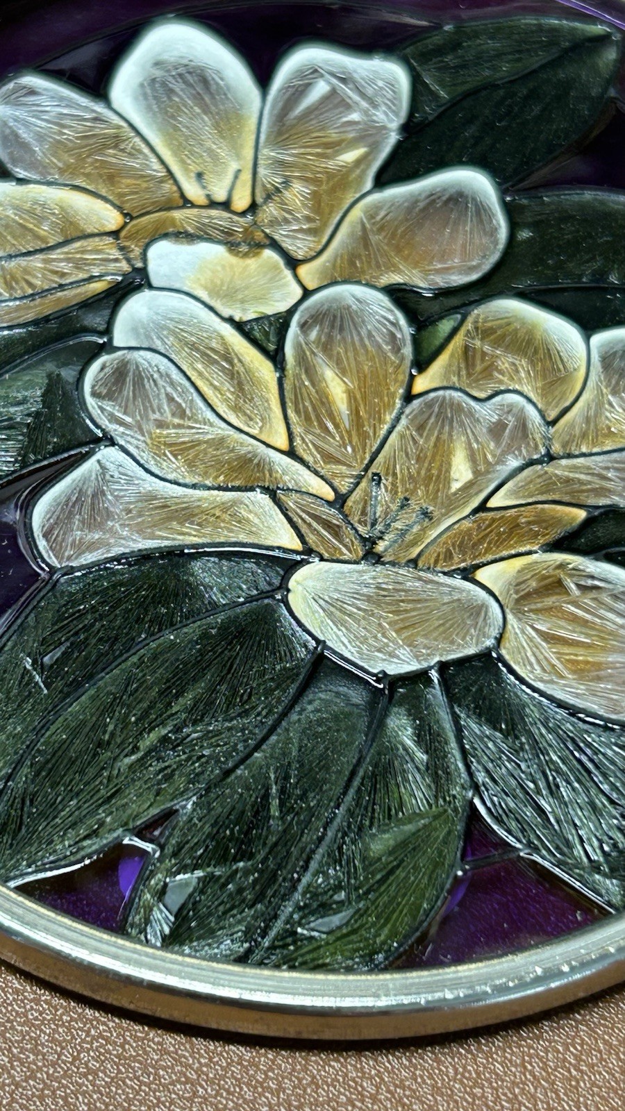 Amia Stained Glass Purple And Yellow Painted Flowers Round Hanging Decor 3.25 in
