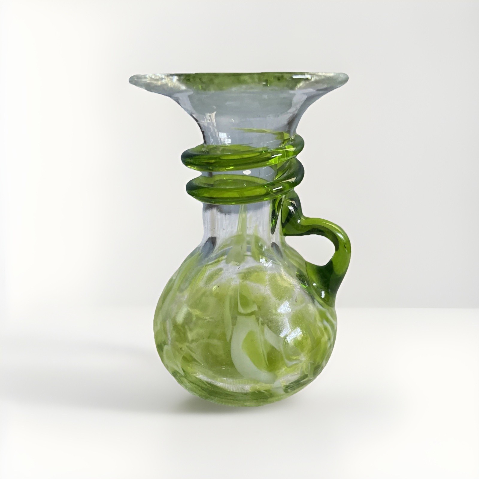 Vintage Green, White, Clear Swirl Art Glass Bud Vase with Handle