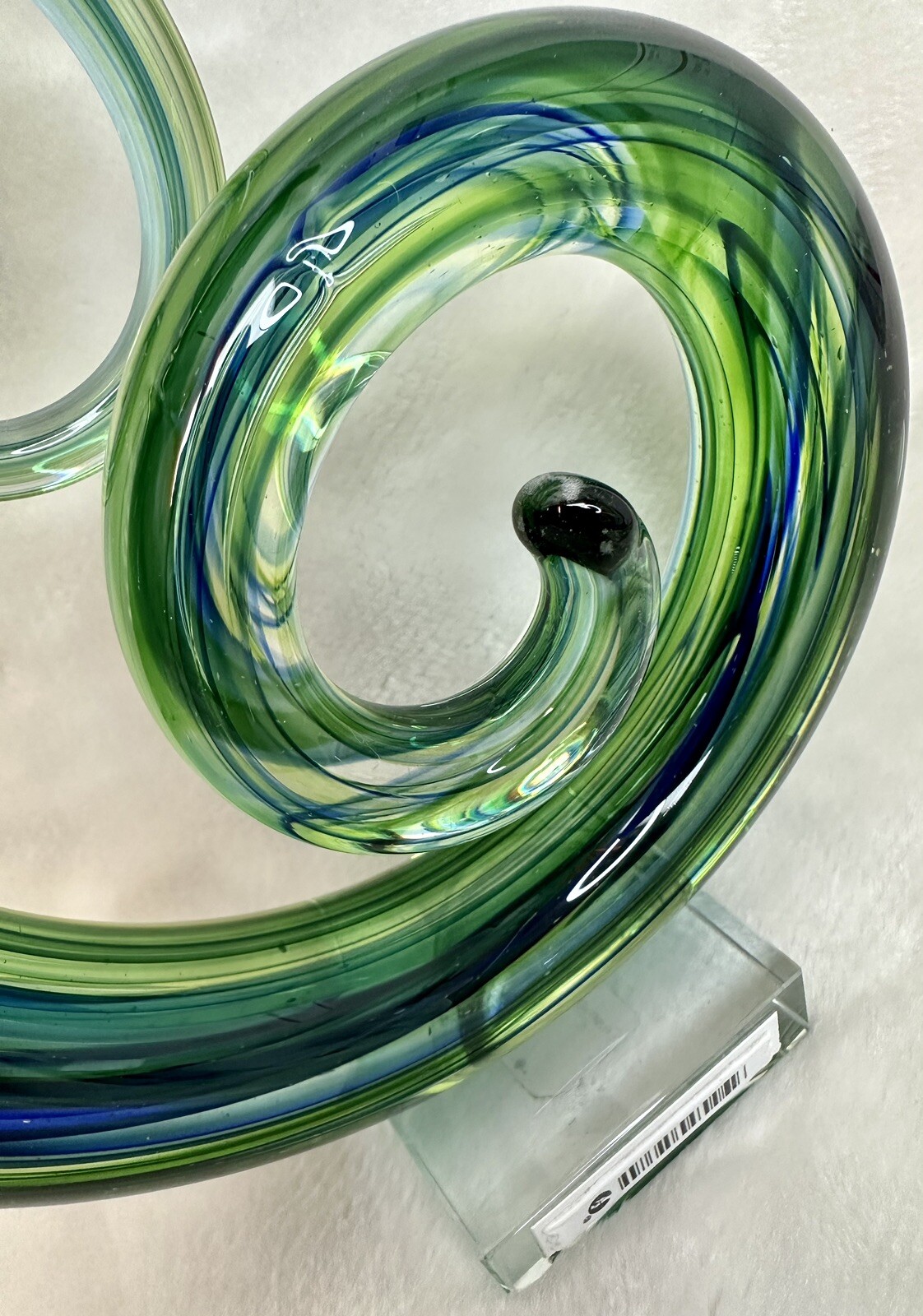Vtg Hand Blown Music Treble Clef 12″ Art Glass Sculpture Blue Green Infinity