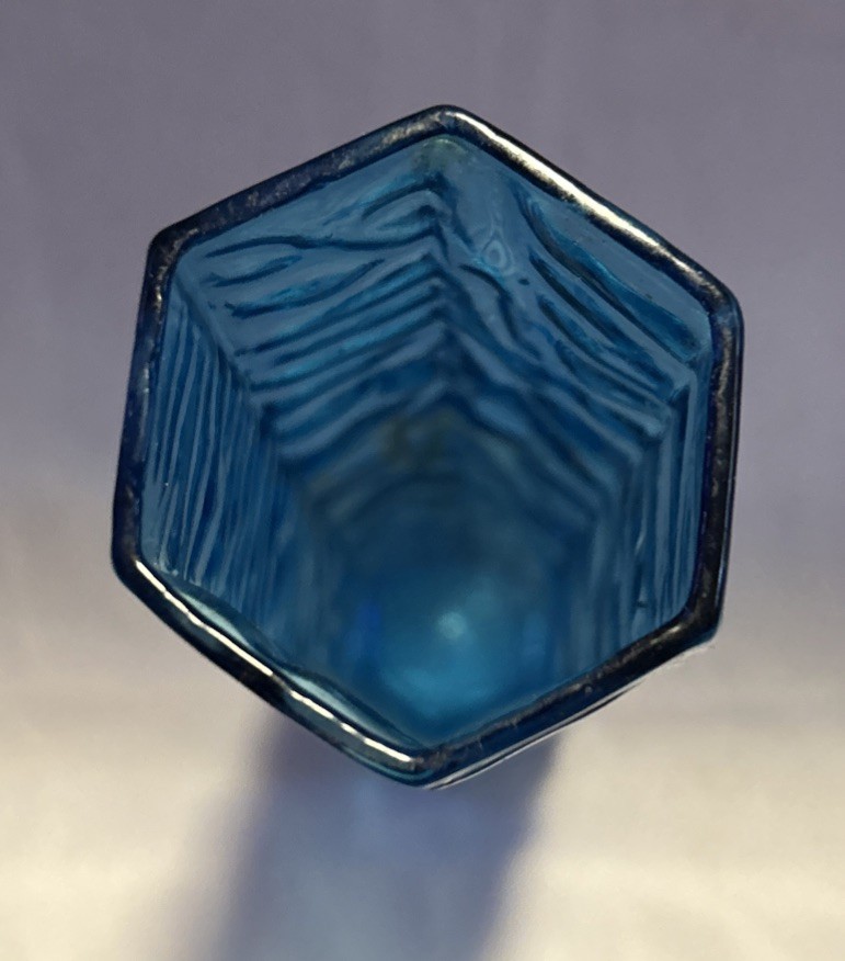 Mid Century Blue Hand Blown Vase Art Glass 6 Sided Wavy Texture MCM 7” Tall