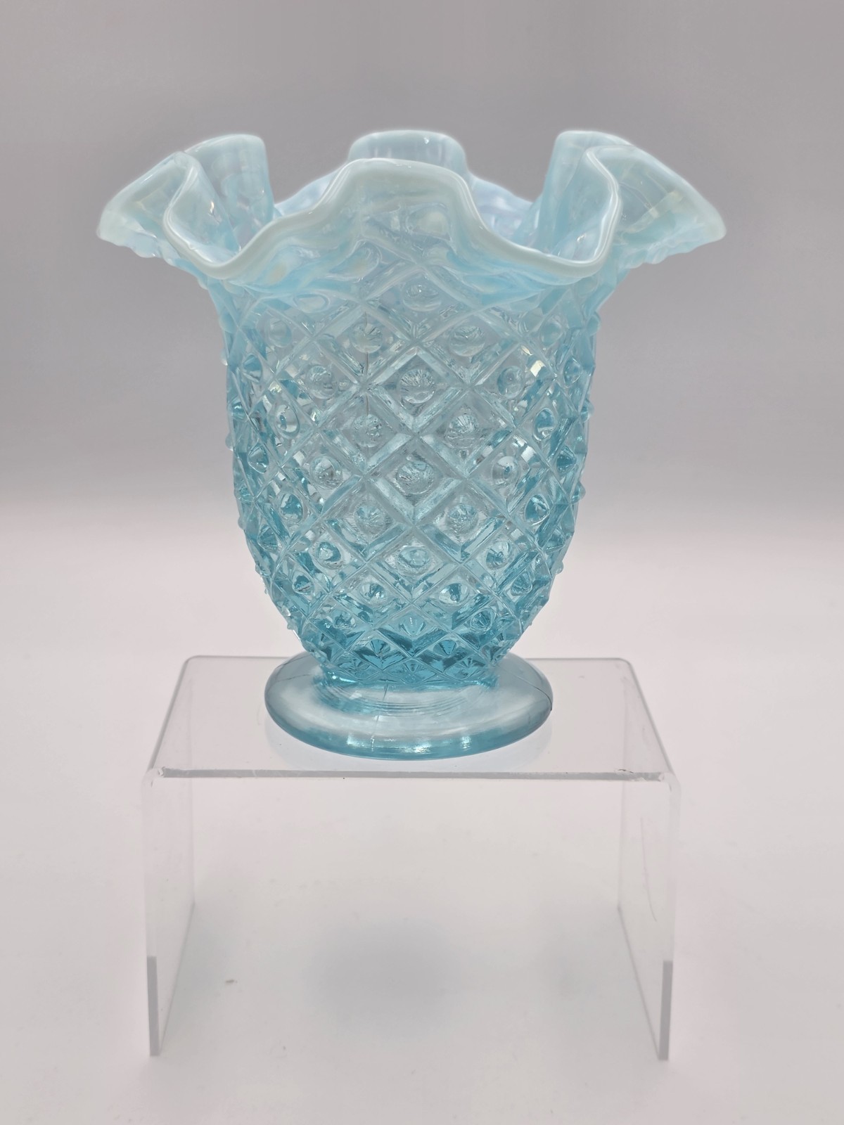 VINTAGE FENTON BLUE OPALESCENT DIAMOND LACED RUFFLED EDGE VASE, c.1940’s-70’s
