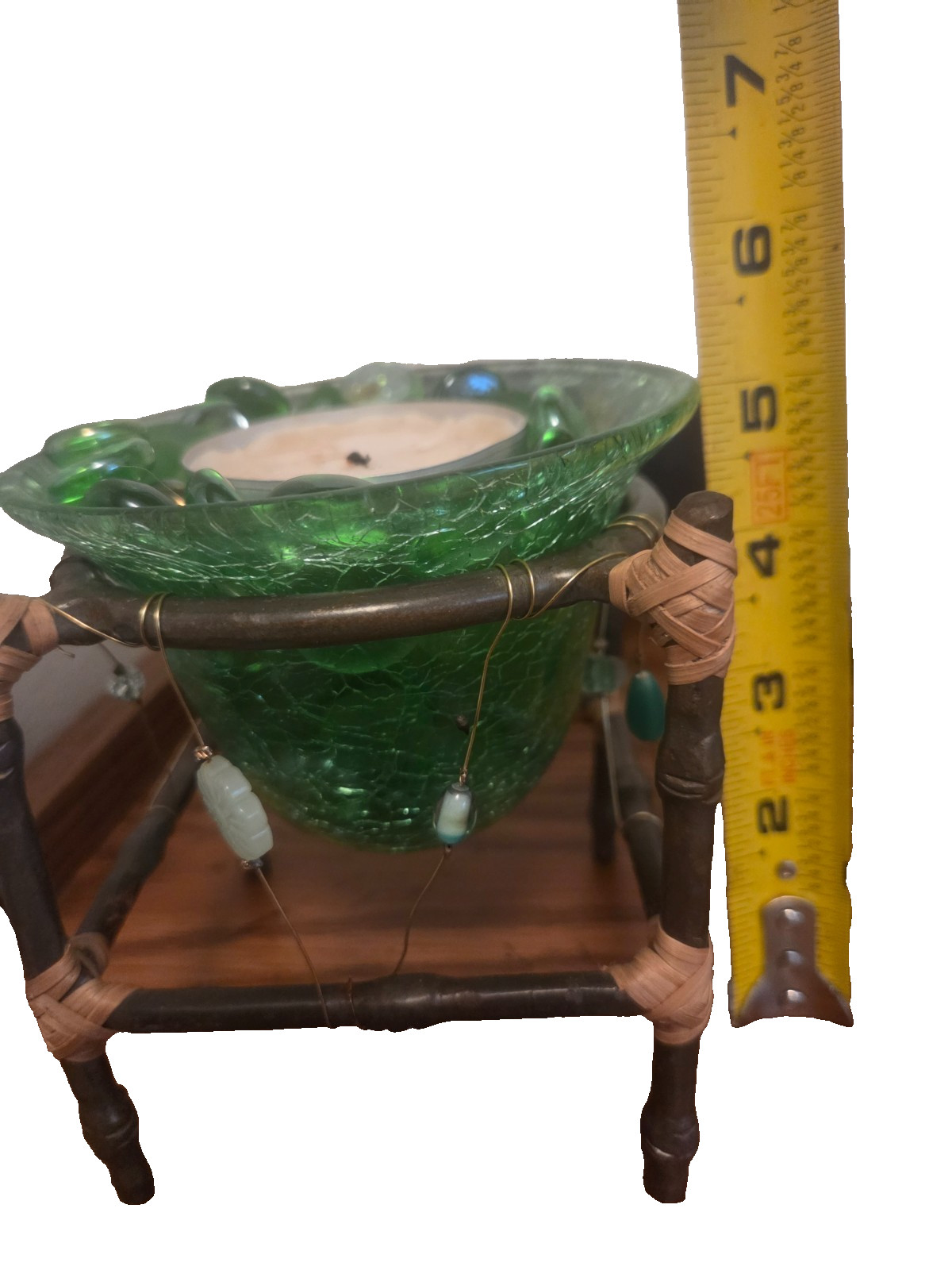 Handmade green beaded art dish, candle, decorative stones.