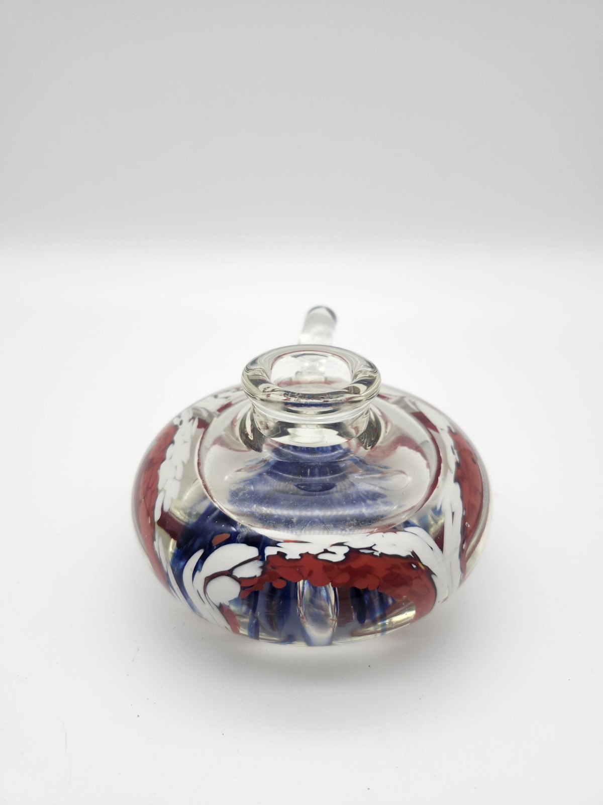 Hand Blown Art Glass Candle Holder Decorative Red Blue White Swirl With Handle