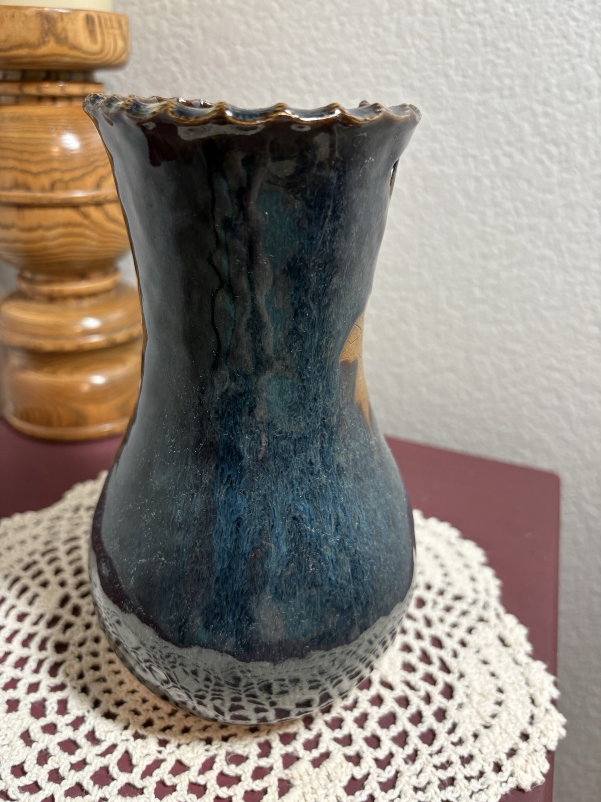 Signed Mg Blue Vintage Ceramic Leaf Vase, 8″ Glossy Nature Pottery Incised ‘01