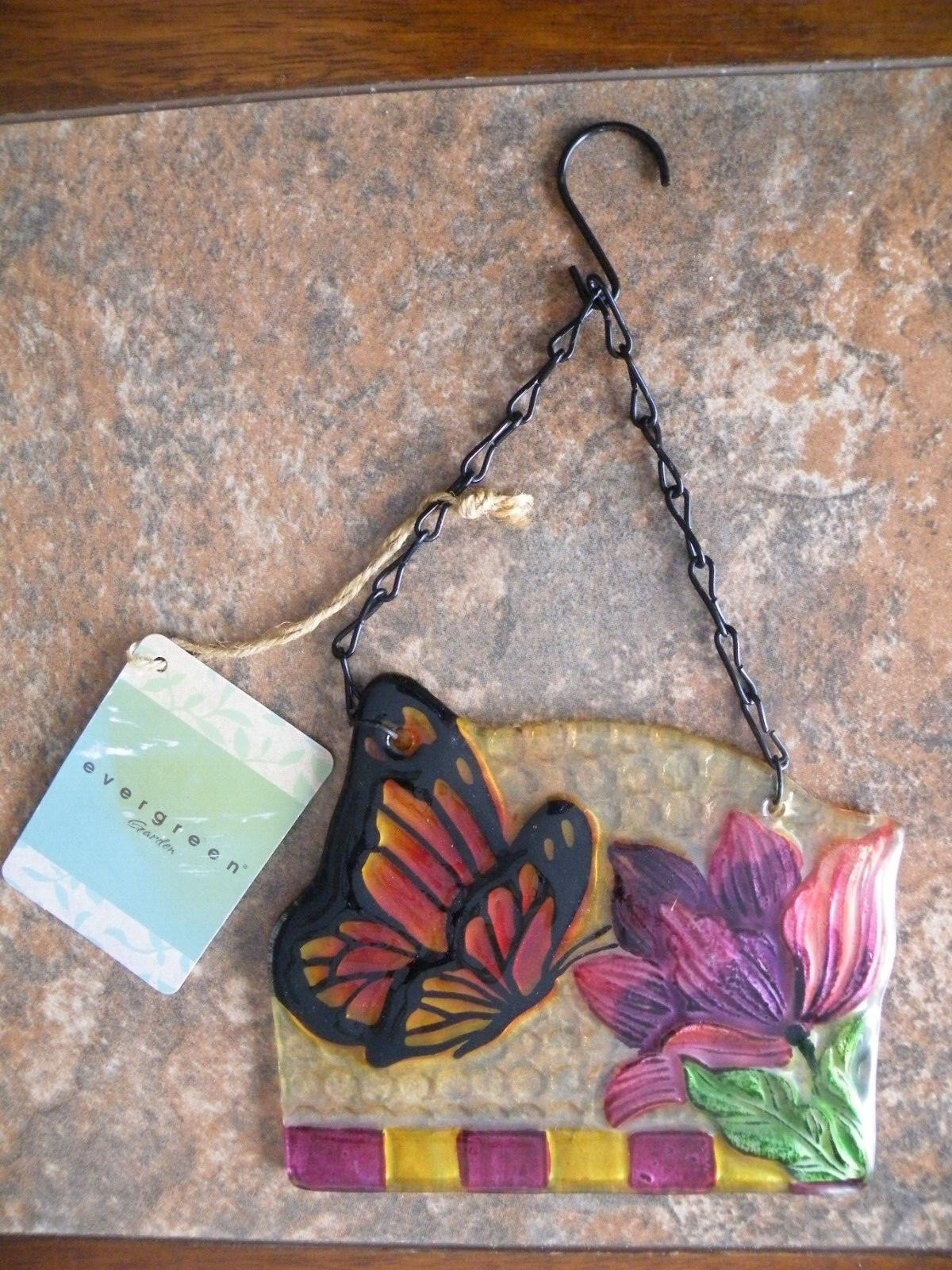 New ART GLASS Hanging SUNCATCHER Decor BUTTERFLY FLOWER Evergreen Garden